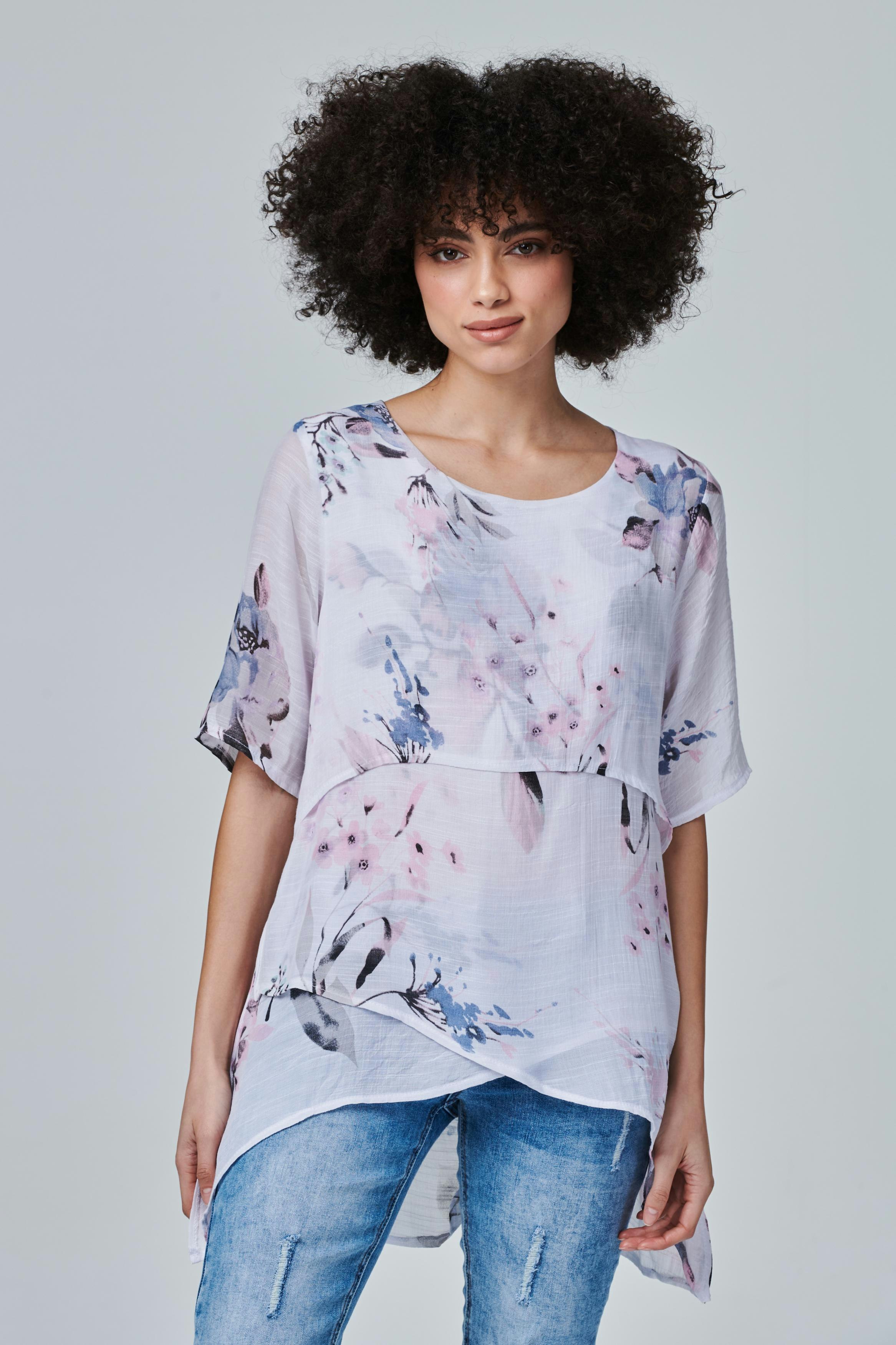 Izabel London Pink Floral Layered Relaxed Fit Blouse - 18