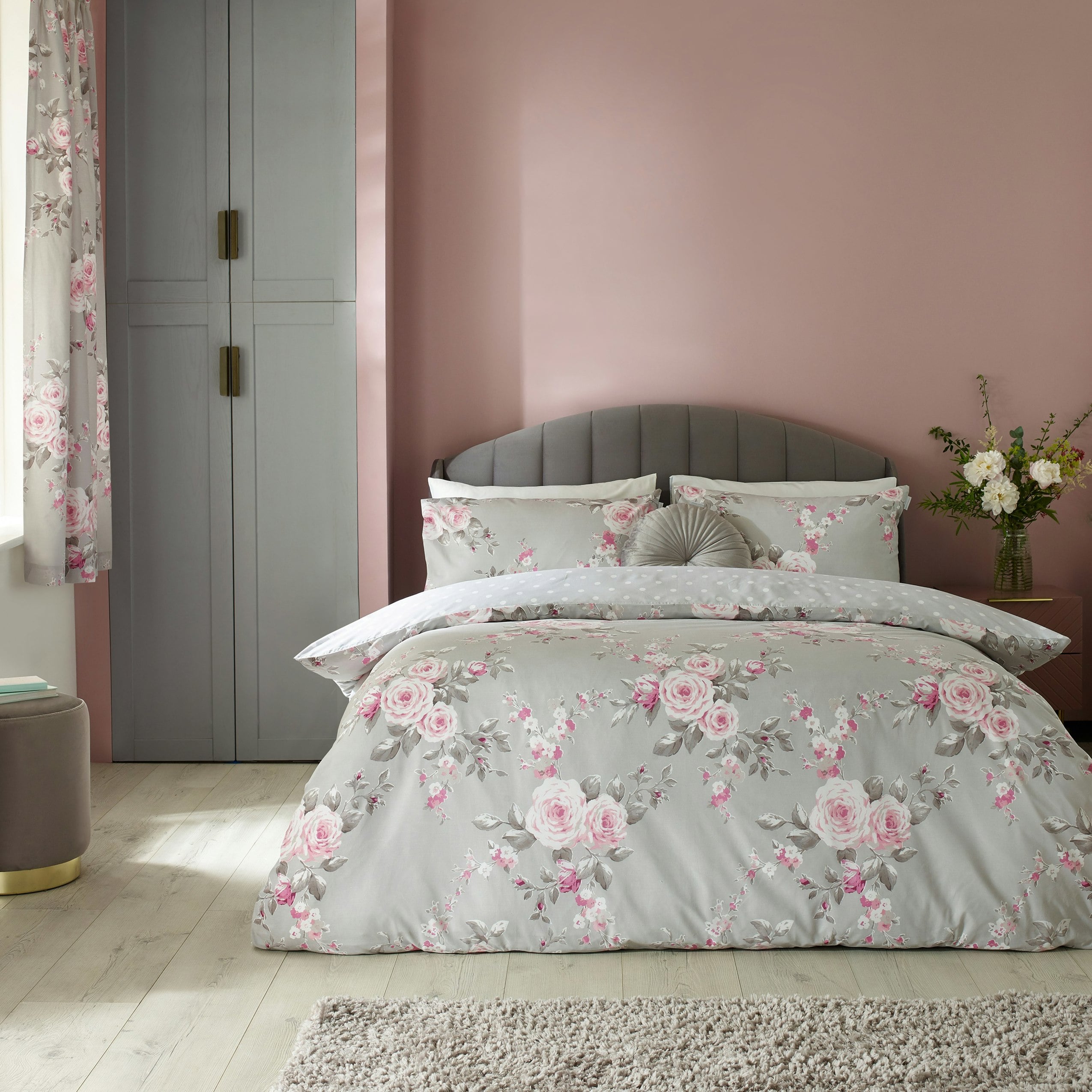 Catherine Lansfield Grey Canterbury Floral Reversible Duvet Cover Set - King
