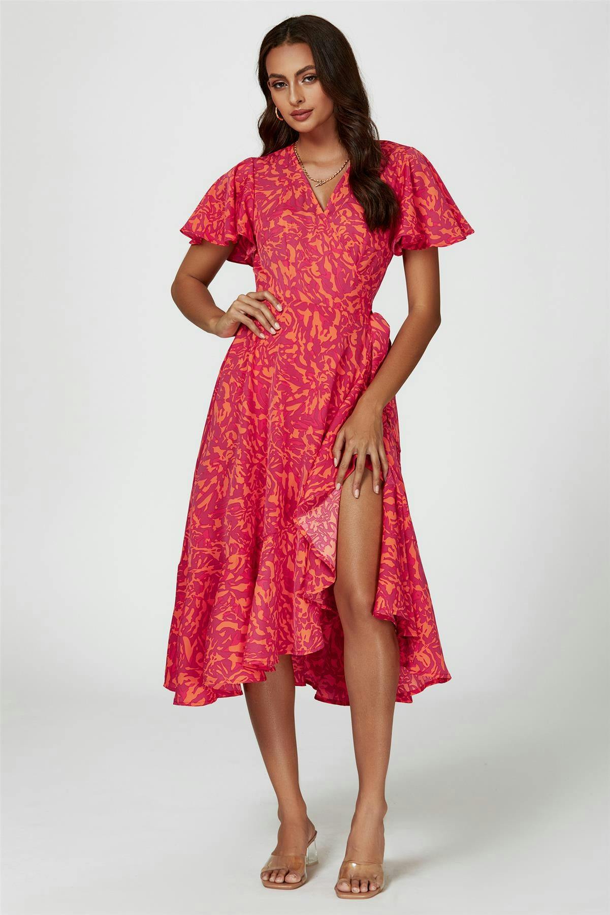 Fs Collection Fuchsia Abstract Print Midi Wrap Dress In - Xs