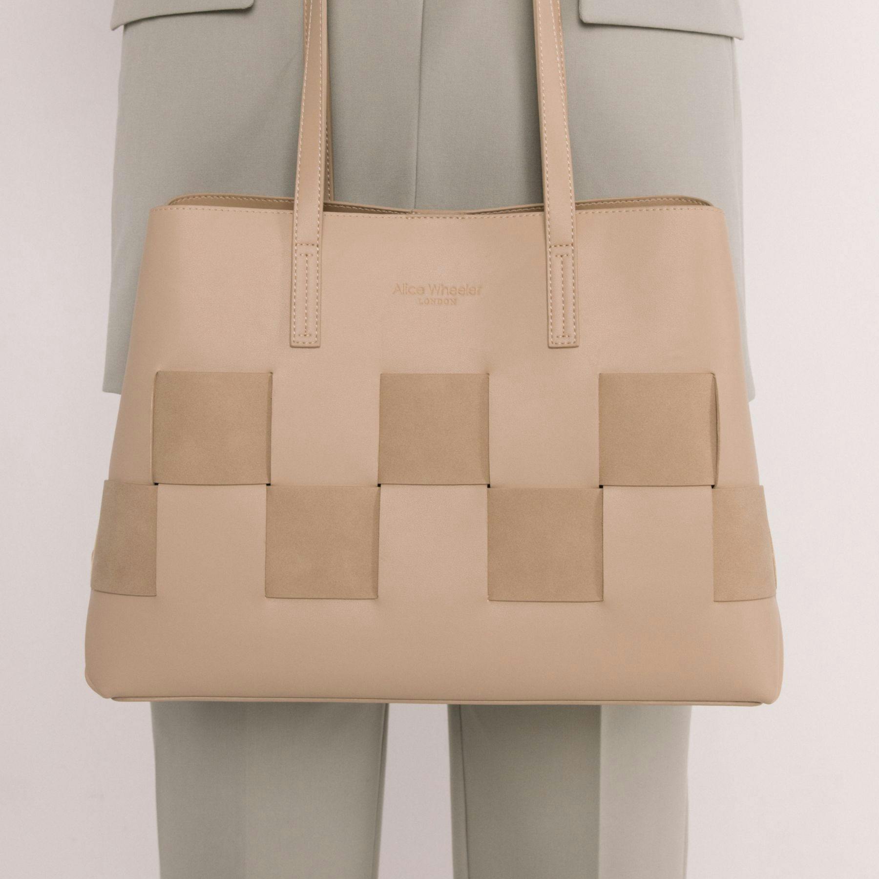 Alice Wheeler Black Milan Tote Bag – Large Structured Work Bag – Vegan Nappa & Suede - Sand