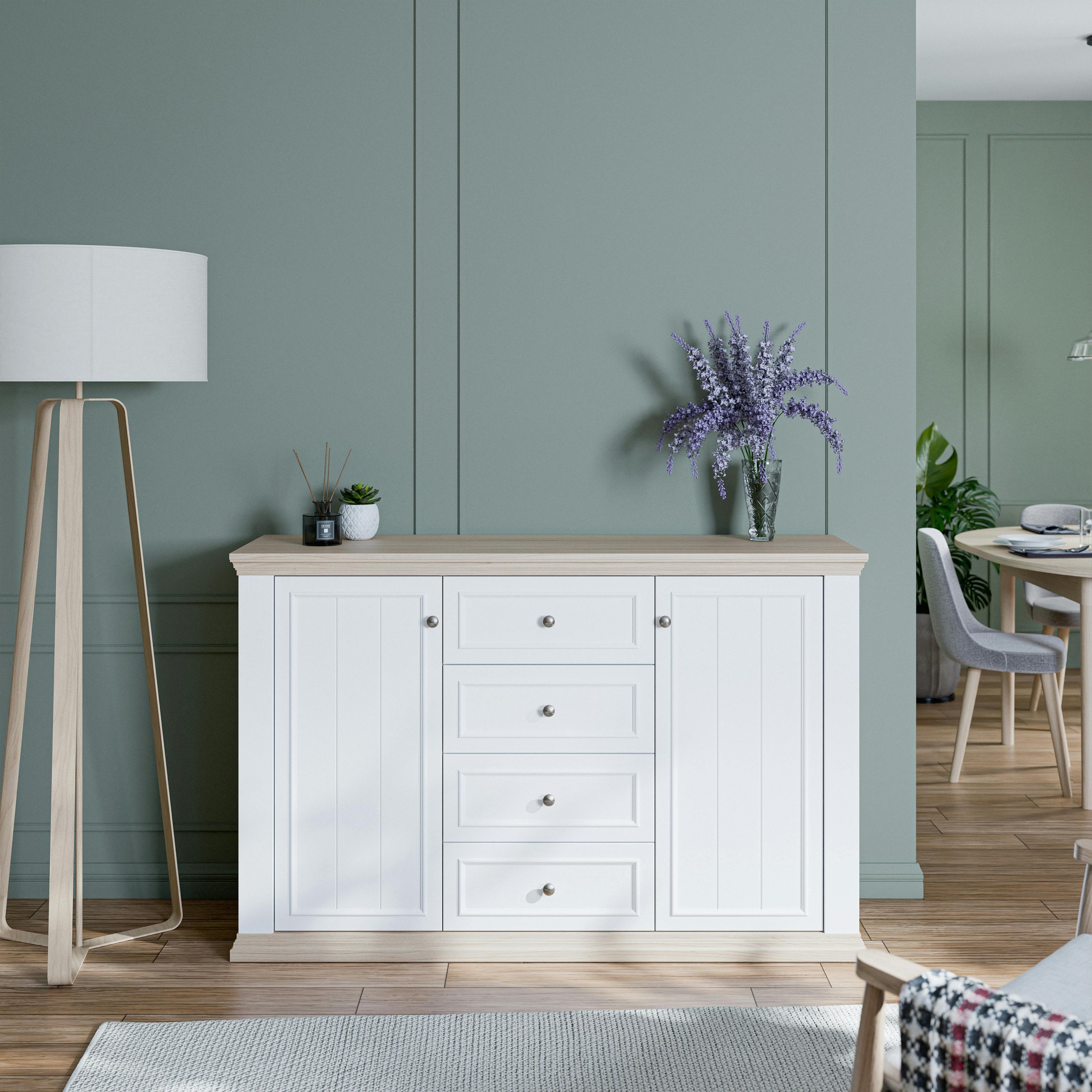Furniture To Go White Pontypool 4 Drawer & 2 Door Sideboard In And Riva Oak - W 148.6 X H 95.3 X D 43.5Cm - & Oak - 1