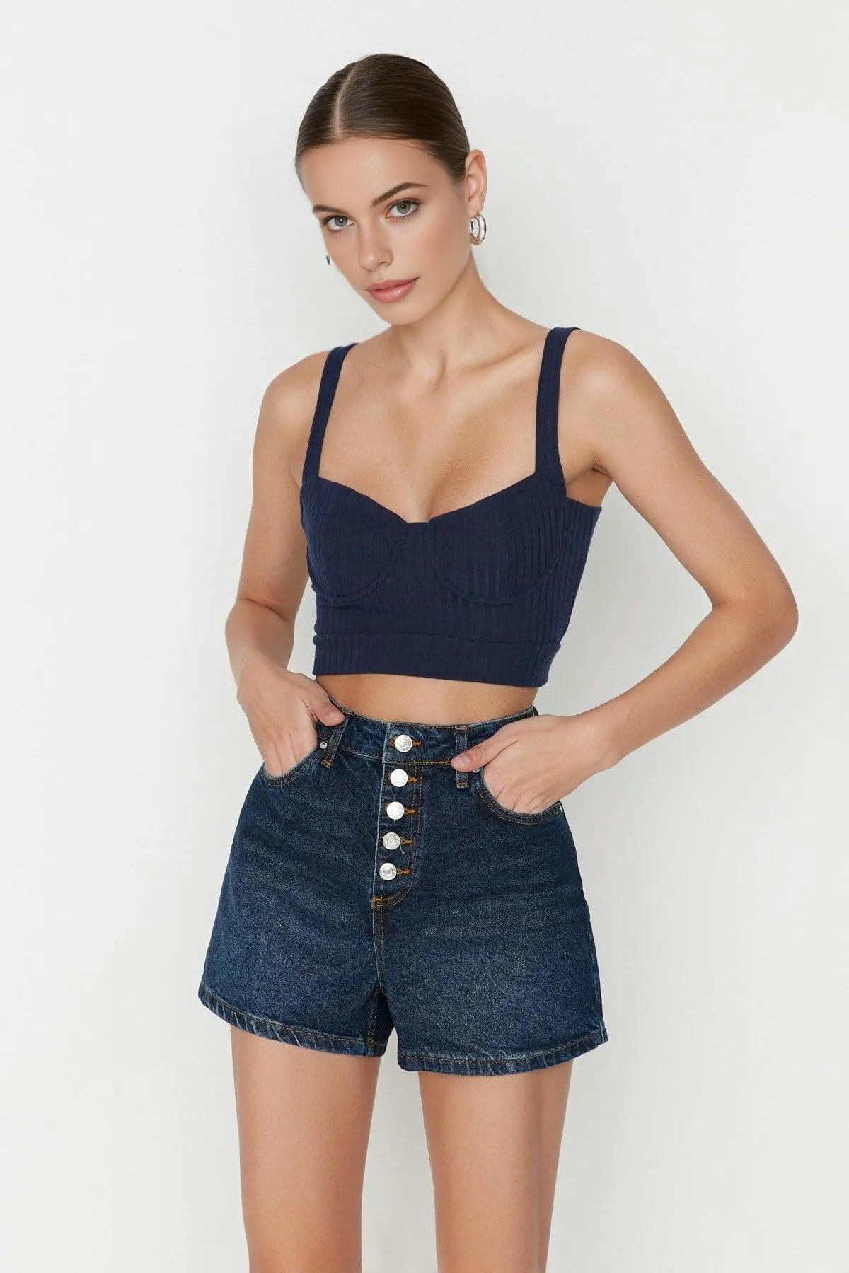 Wovcor Dark/Blue Front Button High Waist Mini Denim Shorts - 10