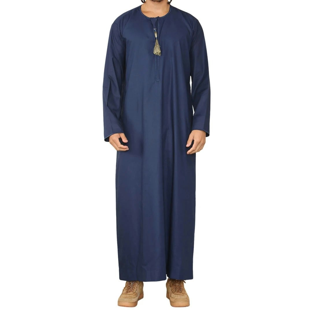 Thobez Men's Thobe Jubba Islamic Clothing Muslim Kaftan Emirati Omani Robe Arab Tassel - Navy - Large