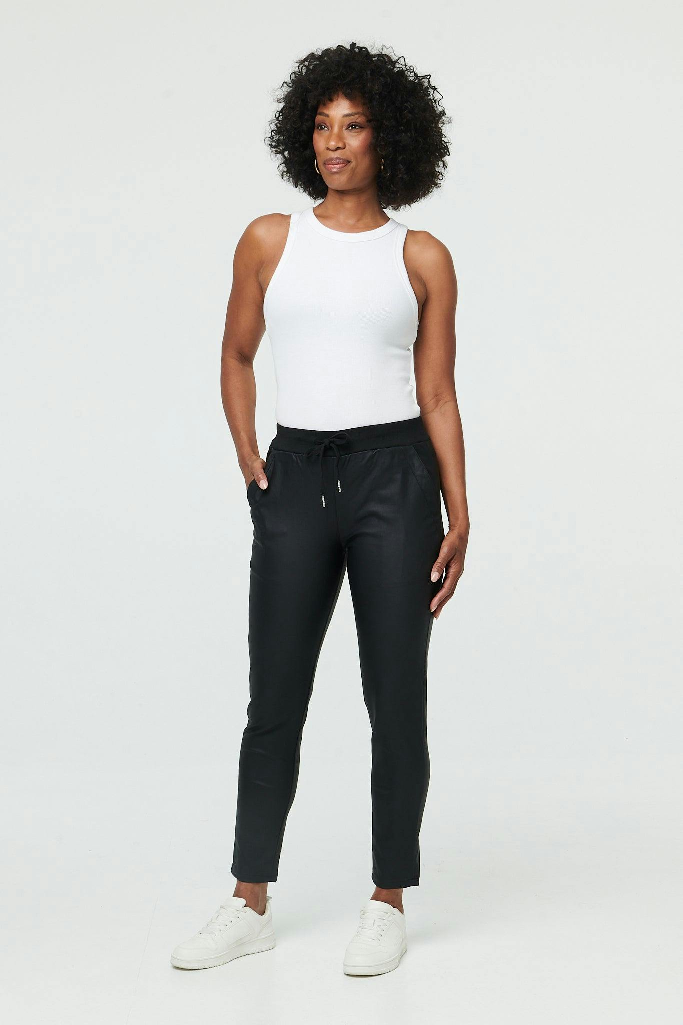 Izabel London Black Faux Leather Tie Waist Slim Trousers - 14