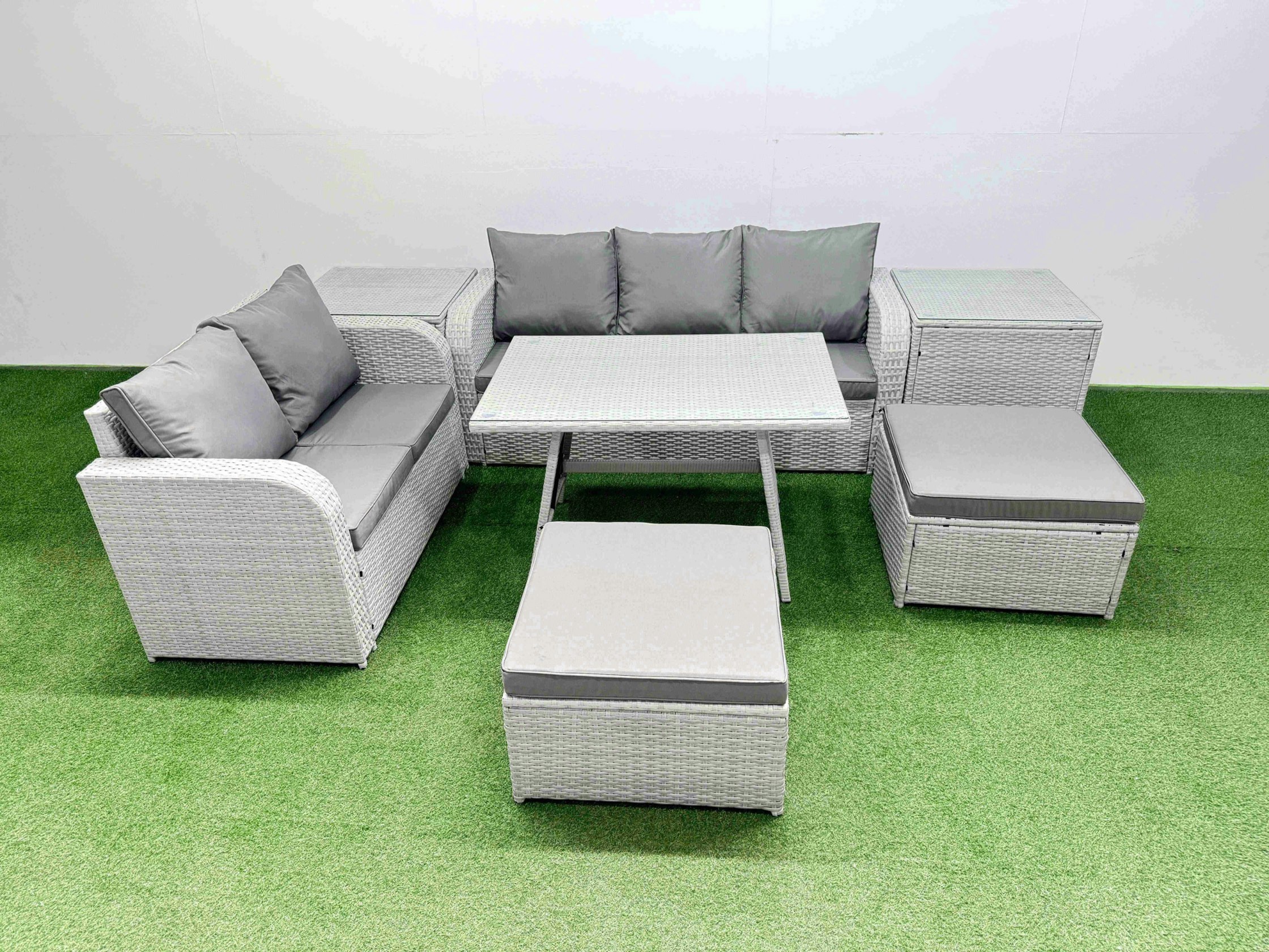 Rackhams Light/Grey Outdoor Pe Rattan Garden Furniture Set Rectangular Dining Table Sofa Set With 2 Big Stool 2 Side Tables