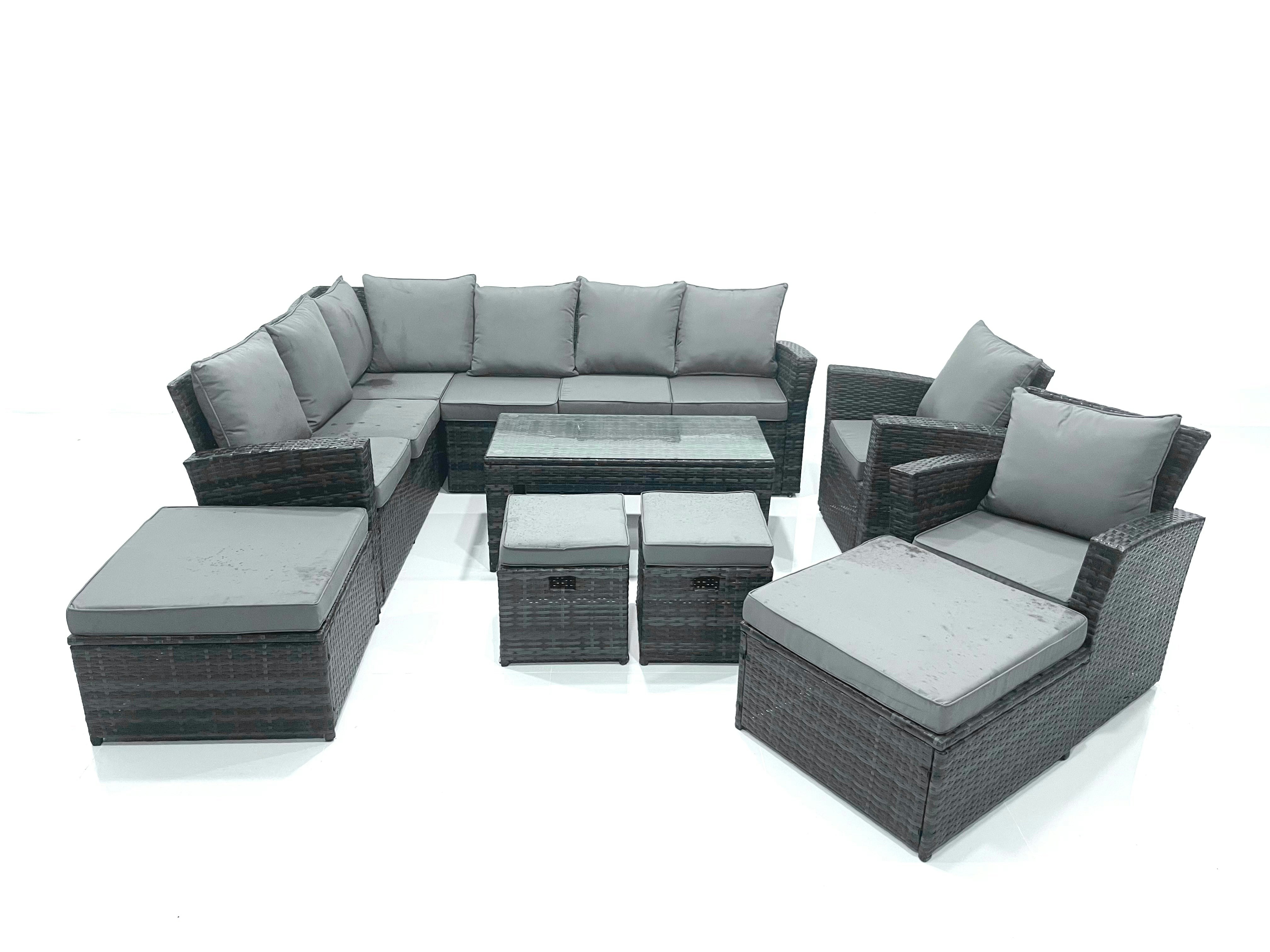Rackhams Dark/Grey 12 Seat Rattan Garden Furniture Corner Sofa Set Outdoor Patio Sofa Chair Table Set With 2 Small Footstools 2 Big Footstools Mixed