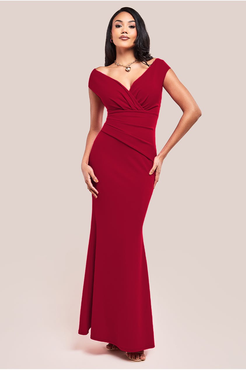 Goddiva Bardot Pleated Maxi Dress - Wine By - Wine - 16