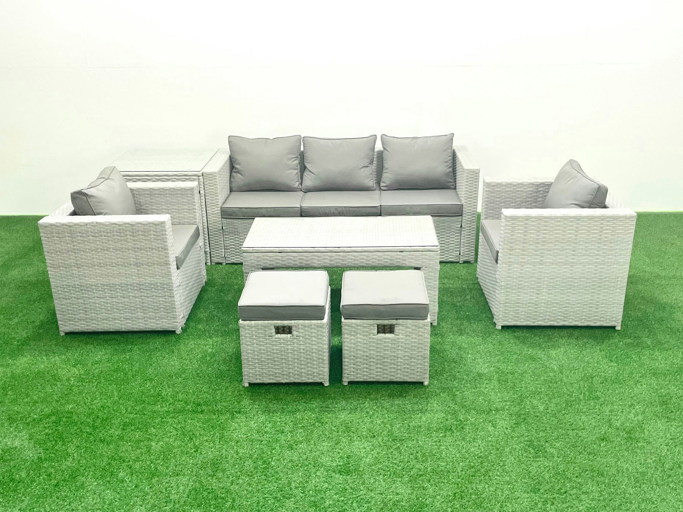 Fimous Light/Grey Rattan Garden Furniture Set 7 Seater Outdoor Garden Sofa Oblong Coffee Table Set With 2 Chairs 2 Stools Side Table Mixed