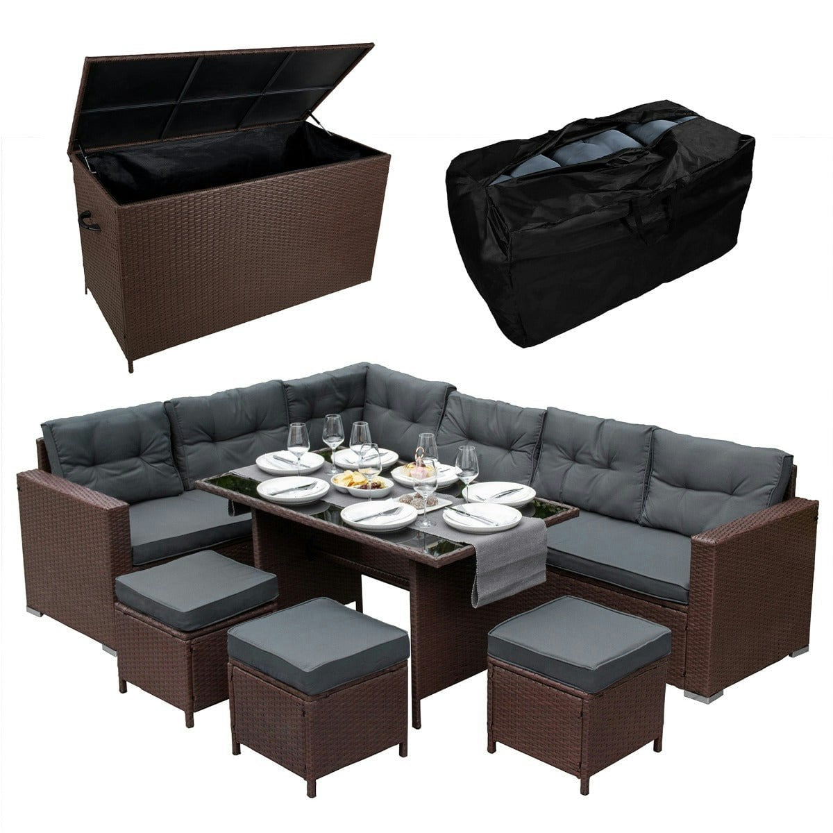 Rackhams Brown Rattan Corner Set & Cushion Storage Box
