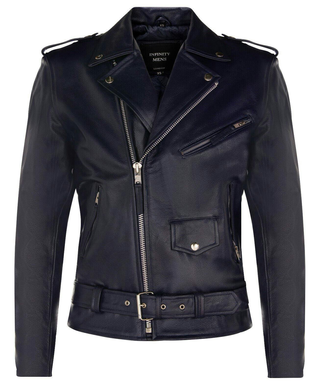 Infinity Leather Men's Black Cow-Hide Brando Jacket -Venice - Navy - Uk 3XL | Eu 56 | Us 46