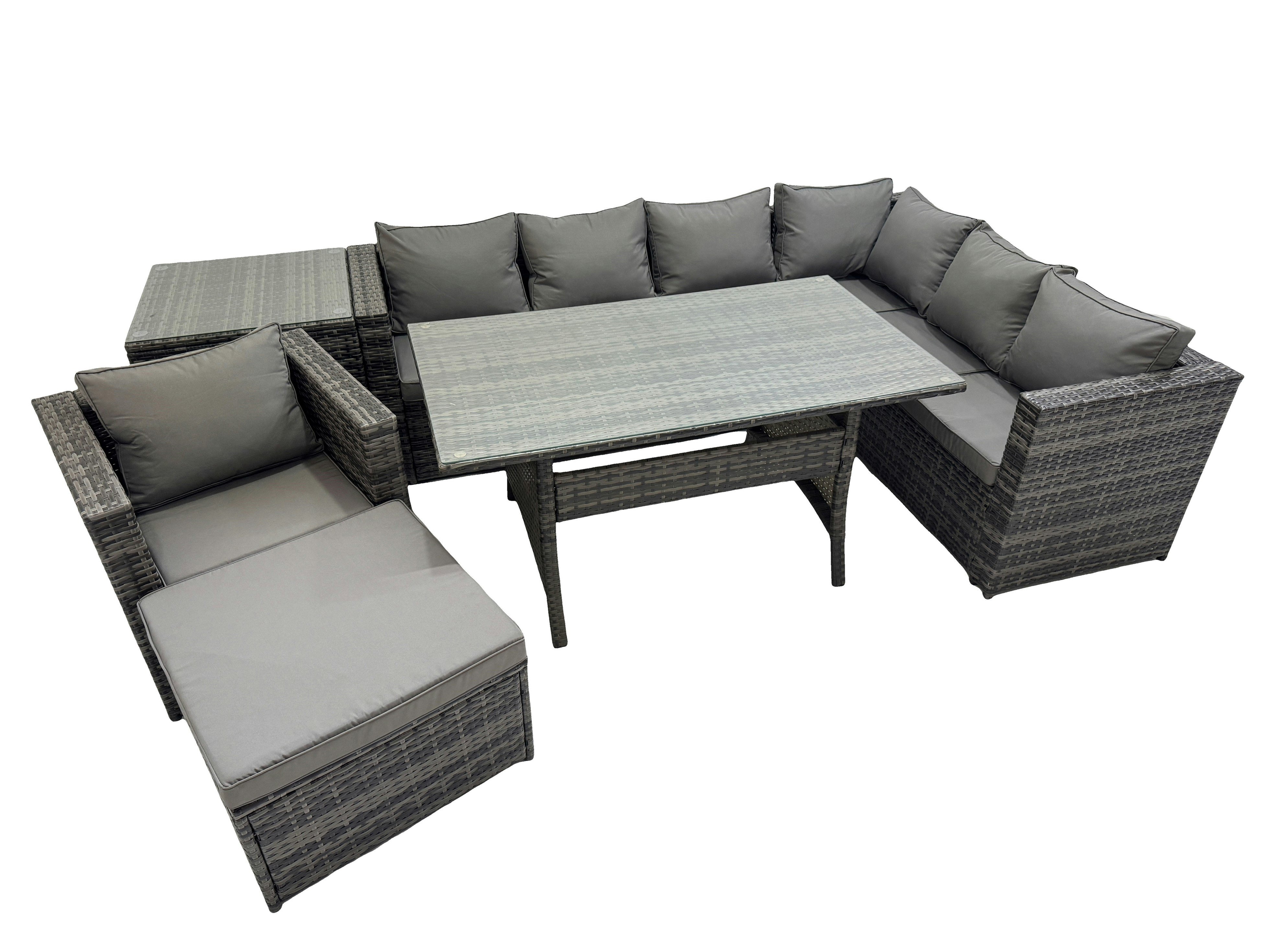 Fimous Dark/Grey Rattan Garden Furniture Set Outdoor 8 Seater Patio Dining Corner Sofa Sets With Dining Table Chair Big Stool Side Table Mixed