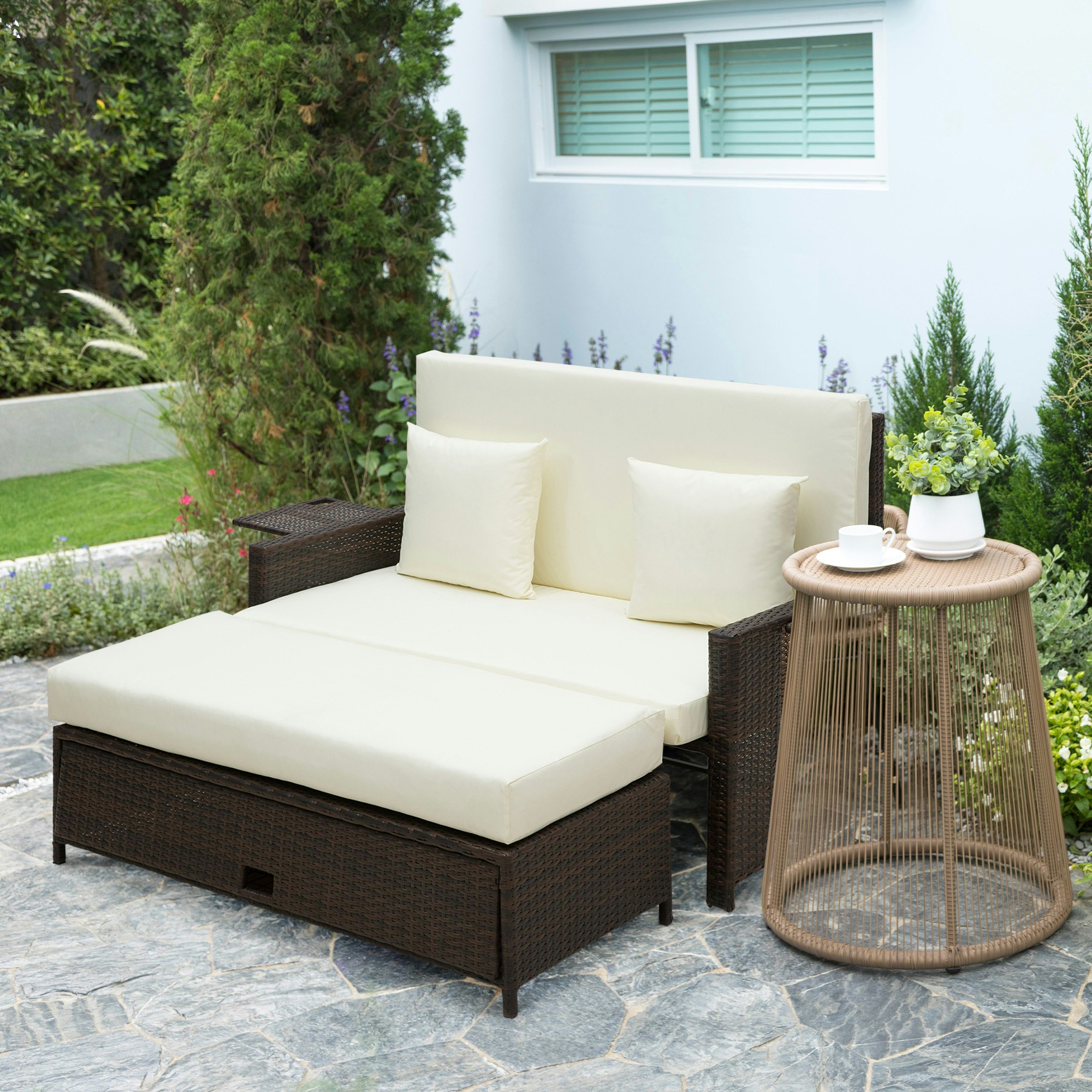 Outsunny Brown/Cream Garden Rattan Furniture Set 2 Seater Patio Sun Lounger Daybed Sun Bed - 130Cmx76cmx96cm - / Cushions