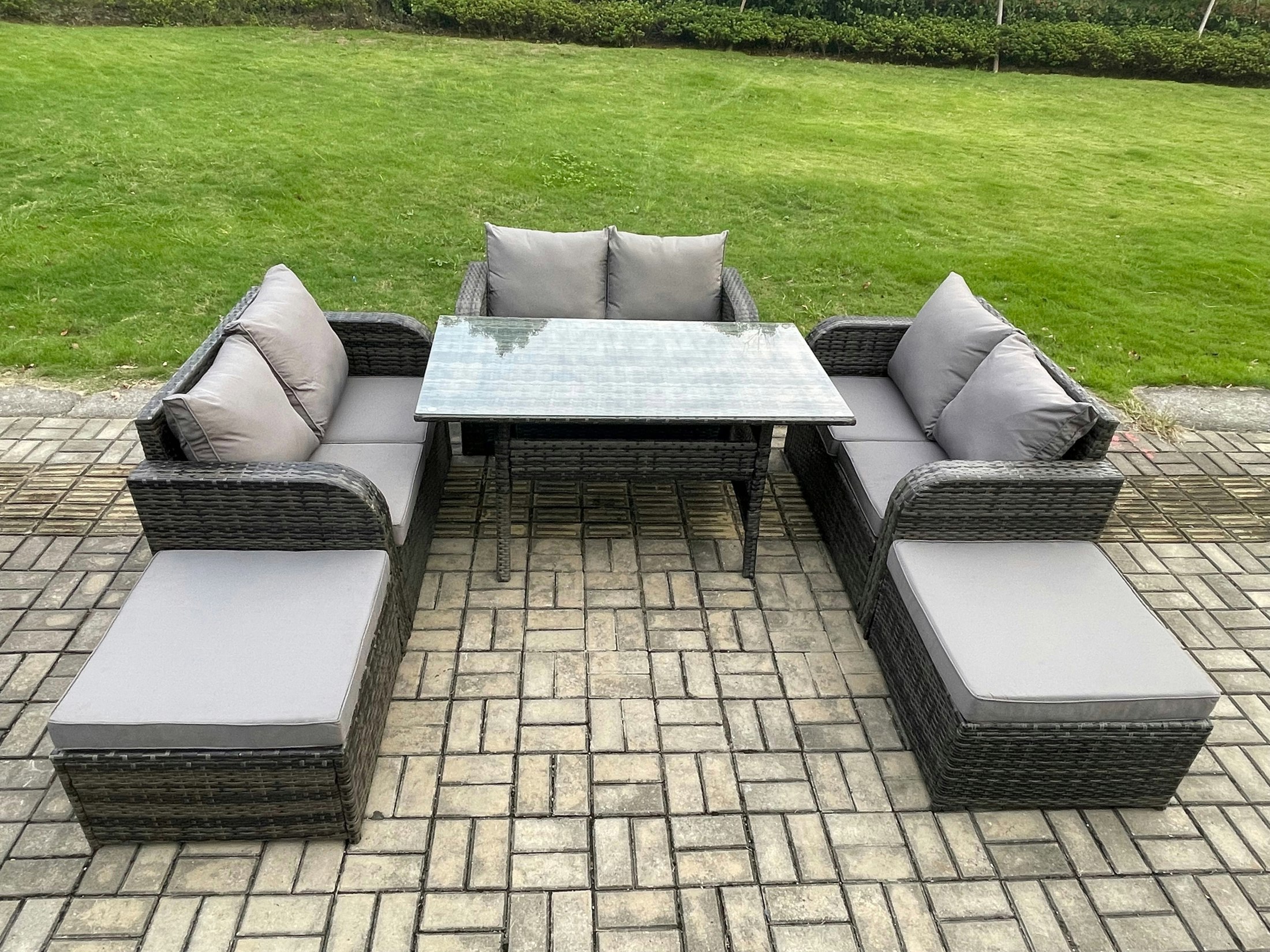 Fimous Dark/Grey 8 Seater Mixed Rattan Outdoor Lounge Set - Oblong/Rectangular Dining Table & Loveseat Sofa
