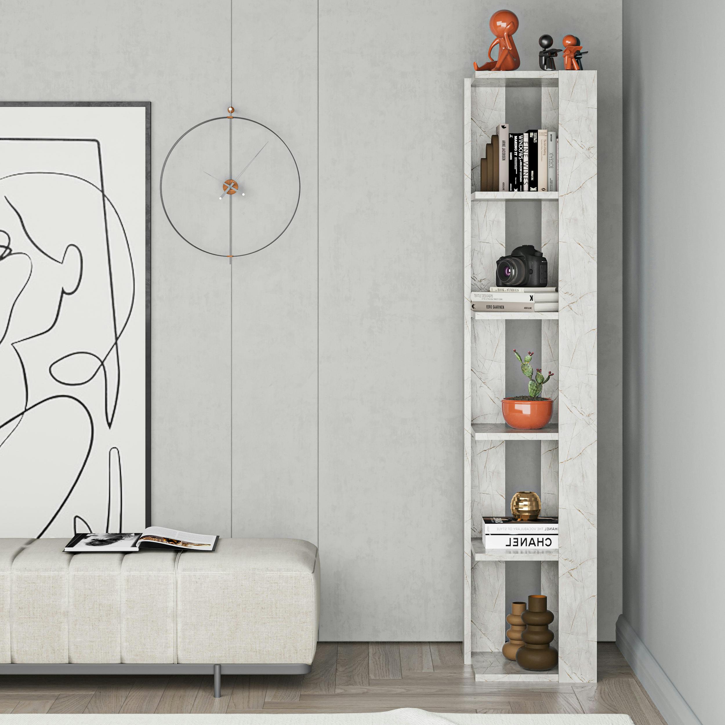 Decortie Nati Gold 5 Tier Tall Corner Bookcase - Marble Effect - Modern Shelving Unit - Image 3