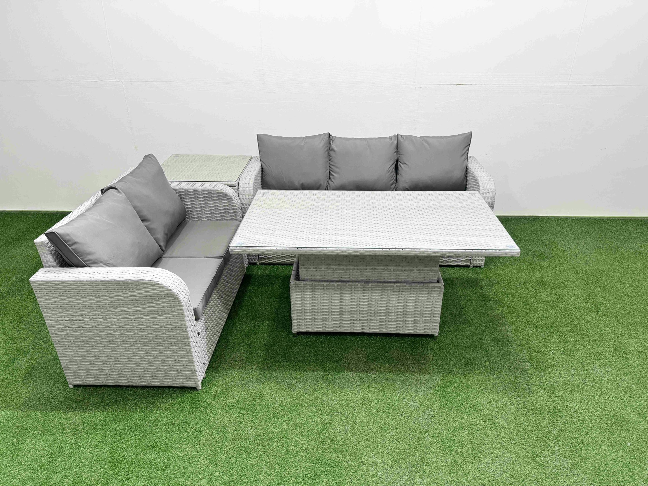 Rackhams Light/Grey/Dark 5-Seater Pe Rattan Outdoor Sofa Set | Adjustable Dining/Coffee Table, 3-Seater Sofa, Loveseat, Side Table