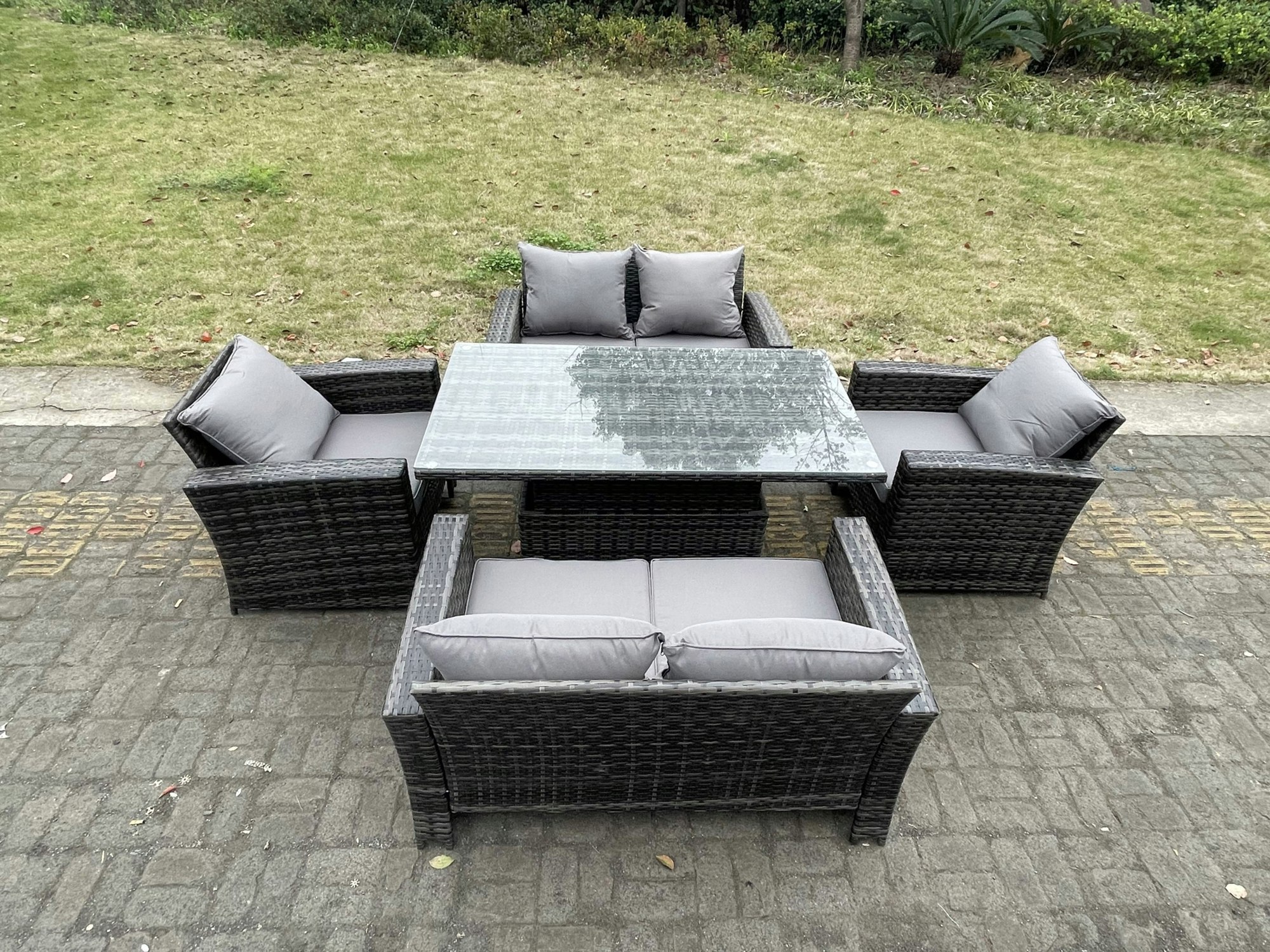 Fimous Dark/Grey Rattan Outdoor Furniture Adjustable Rising Lifting Rectangle Dining Table Chairs Two Seater Love Sofa Sets 6 Seater