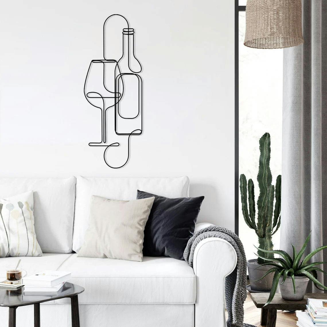 Decortie Black Wine Bottle And Glass Minimalist Metal Line Art Wall Decor 96 Cm - Metal