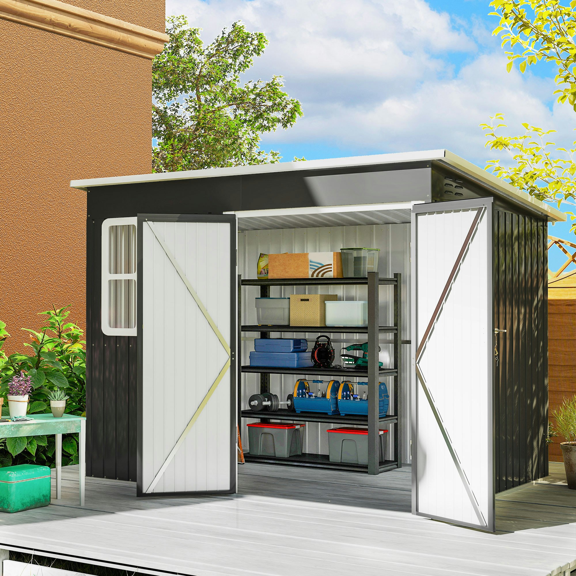 Outsunny Grey 8.5 X 6Ft Galvanised Steel Garden Shed With Foundation Kit,