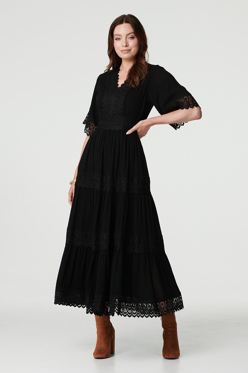 Izabel London Black Short Sleeve Crochet Maxi Dress - 24