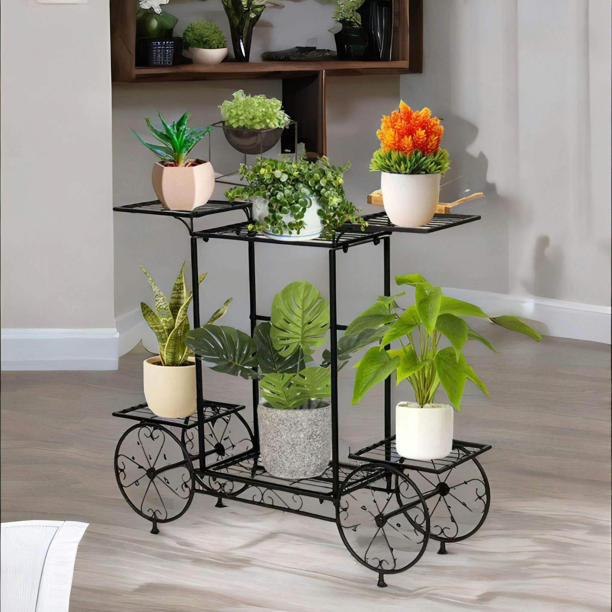Rackhams Black 6 Tier Cart Metal Indoor Outdoor Plant Stand Organiser