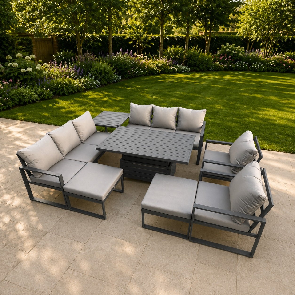 Fimous Grey 10 Seater Aluminium Garden Furniture Set With Adjustable Rising Dining Table, 2 Sofas, 2 Chairs, 2 Footstools, Side Table