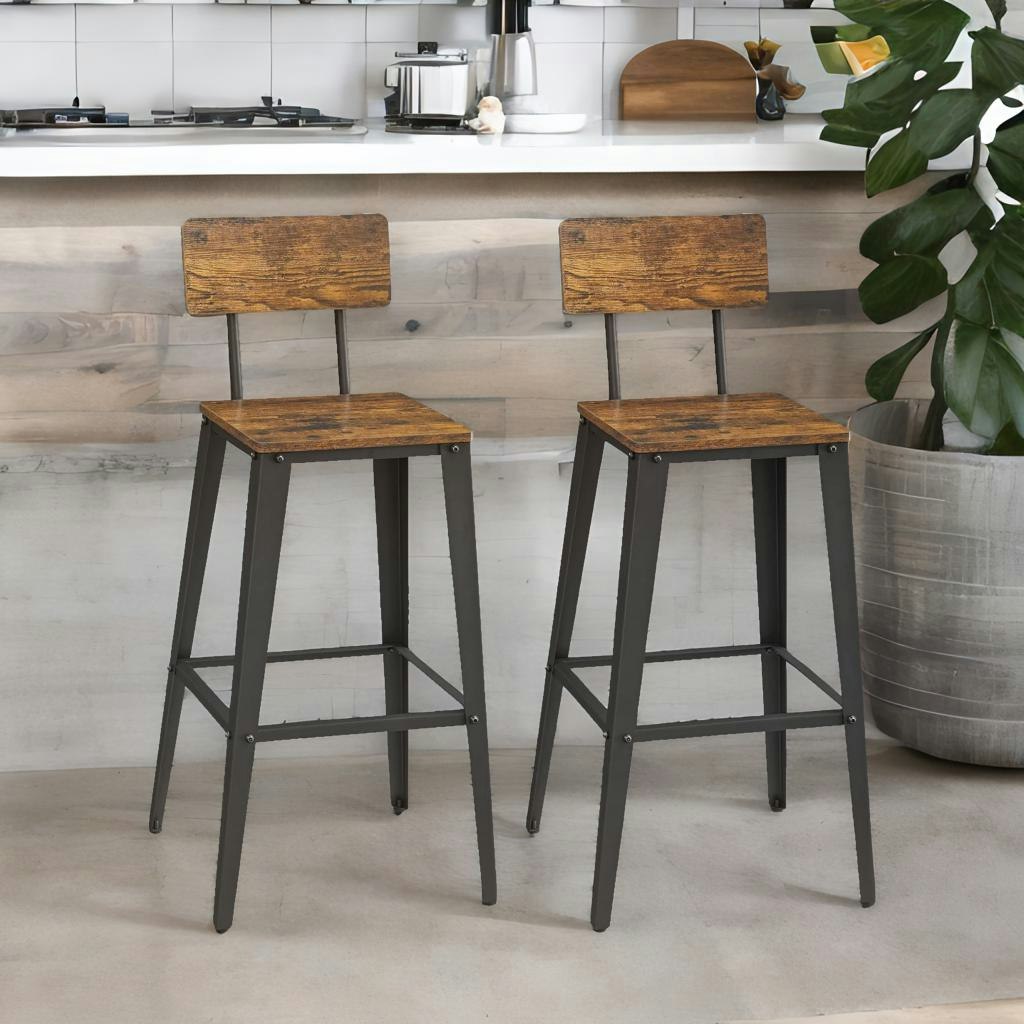 Rackhams Brown Set Of 2 Industrial Bar Stools With Backrest