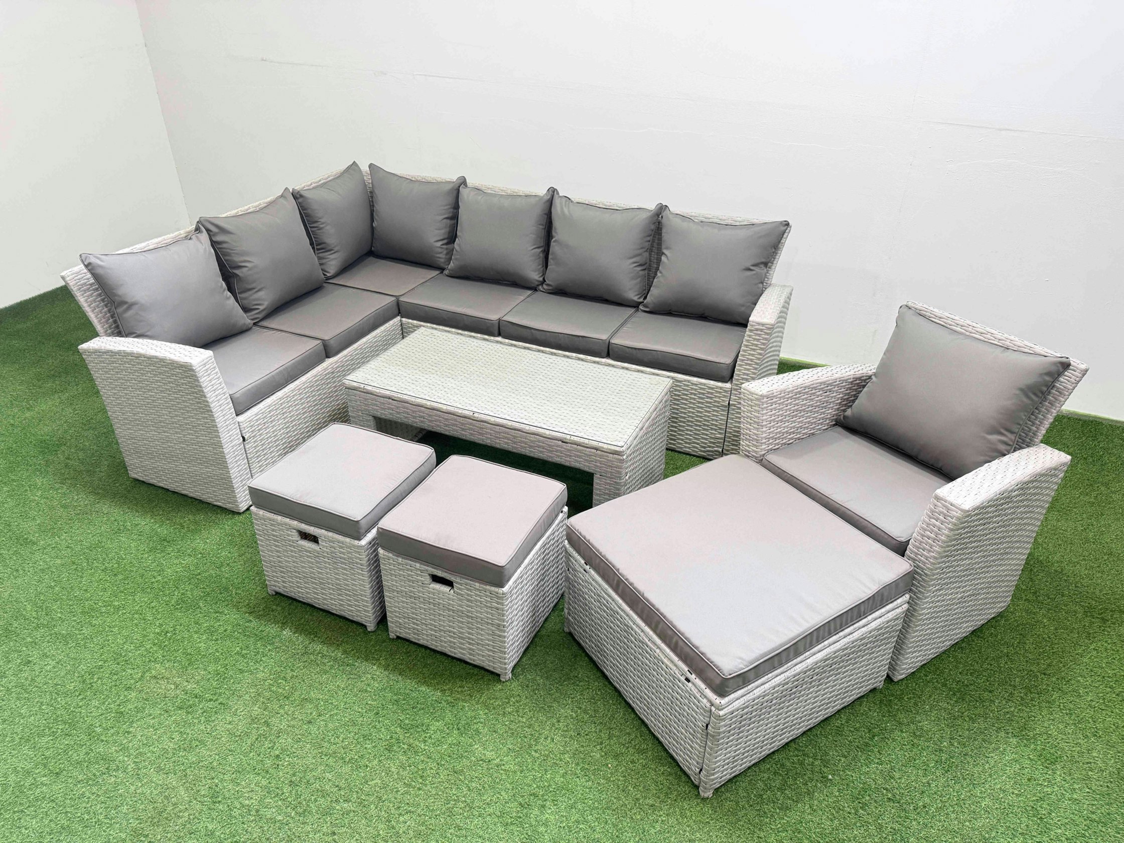 Rackhams Light/Grey Rattan Garden Furniture Set Outdoor 10 Seater Corner Sofa Sets With Oblong Coffee Table Chair 3 Footstools Mixed