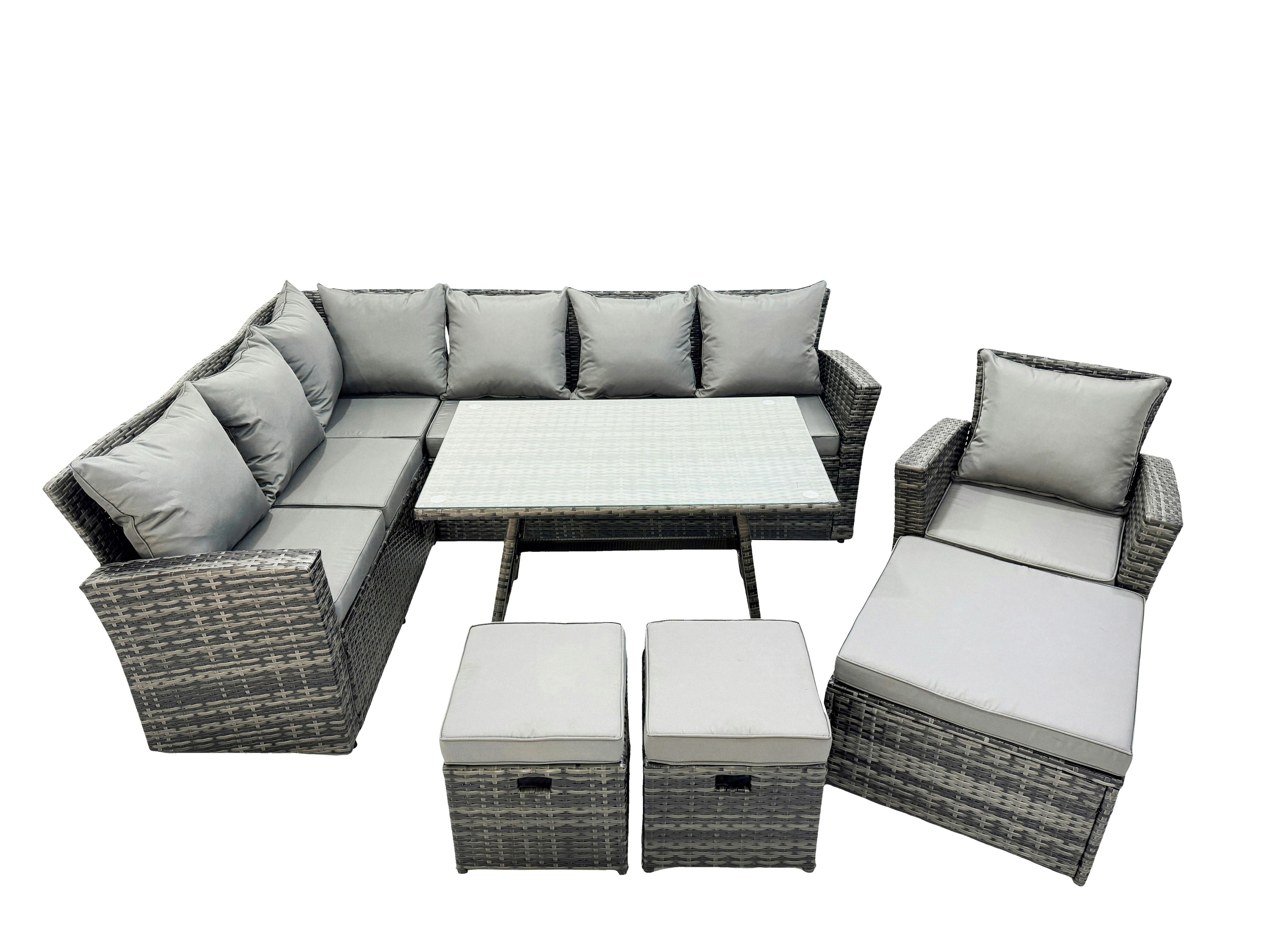Fimous Dark/Grey 10 Seat Rattan High Back Corner Sofa Set Patio Dining Table Set With 3 Footstool Mixed