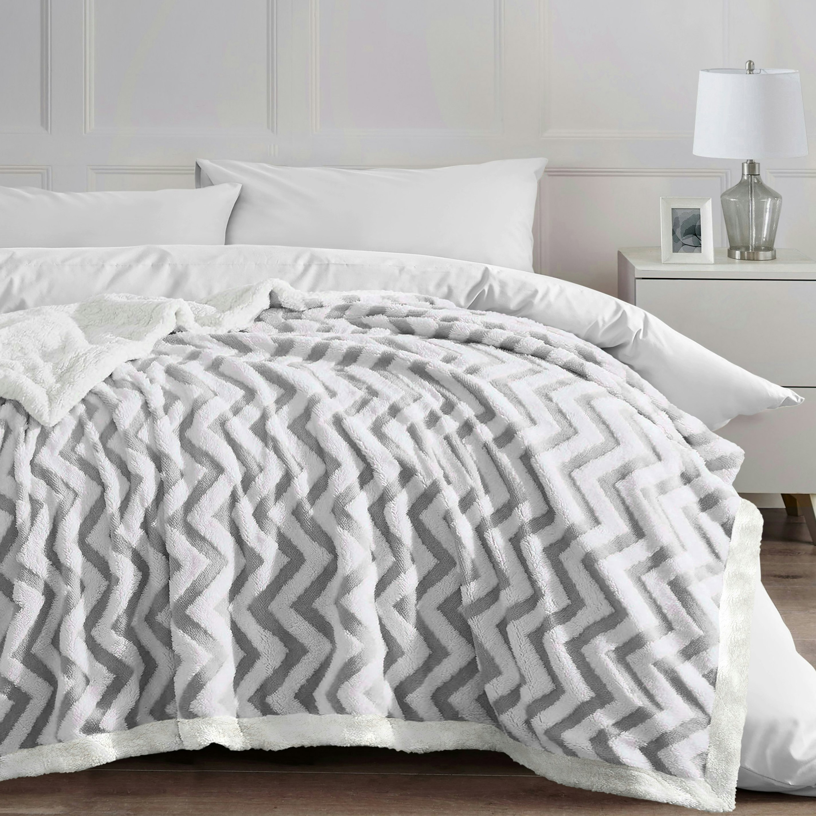 Rackhams Grey Jacquard Chevron Sherpa Reverse Throw - 150Cm X 200Cm