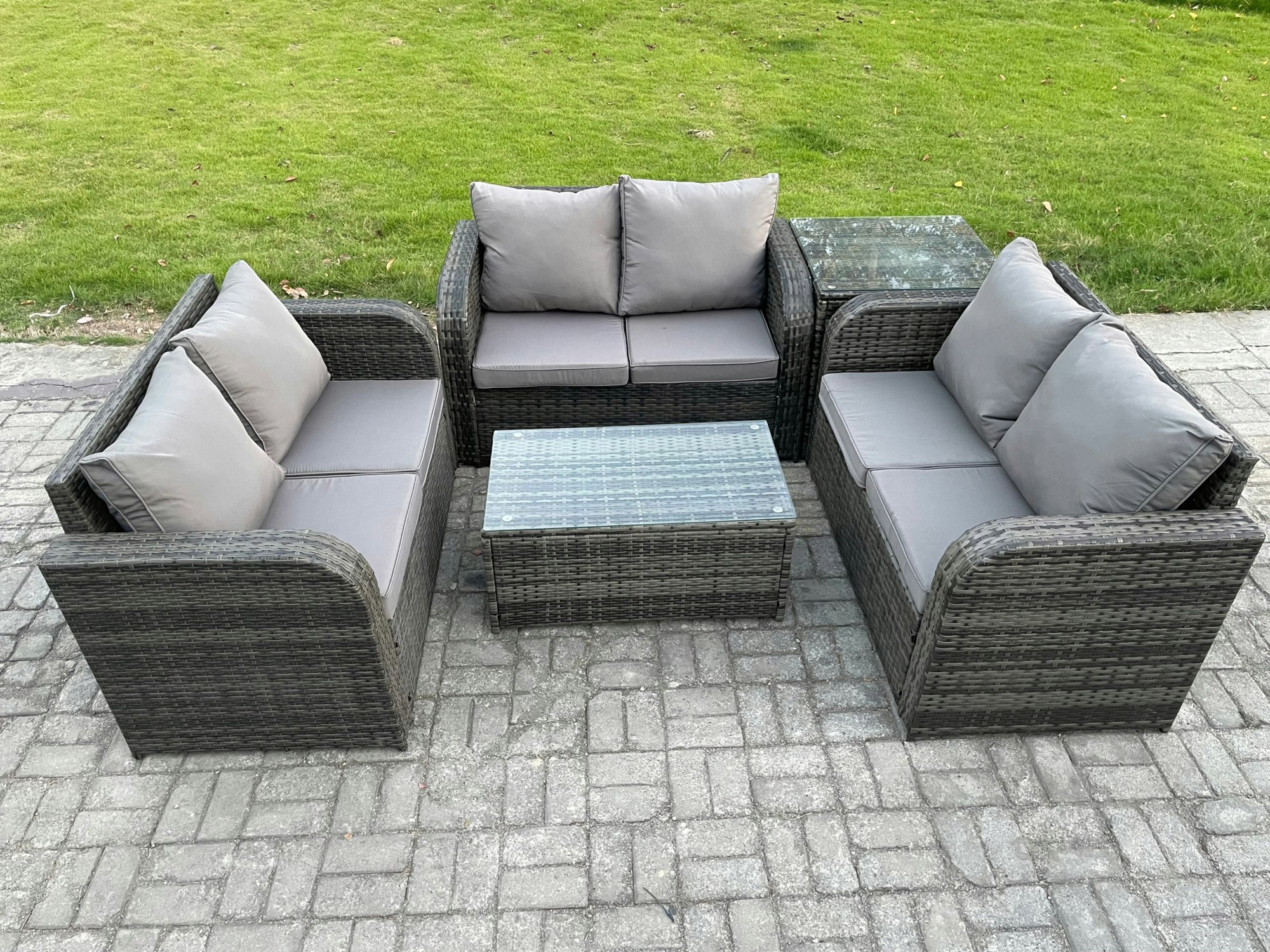 Rackhams Outdoor Garden Furniture Sets 6 Seater Wicker Rattan Furniture Sofa Sets with Rectangular Coffee Table Love Sofa Side Table Dark Grey Mixed