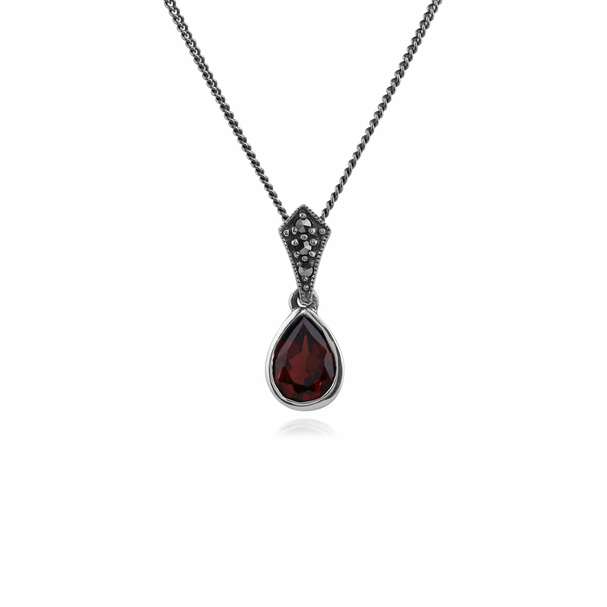 Gemondo Silver Art Deco Style Oval Pear Garnet & Marcasite Pendant In 925 Sterling
