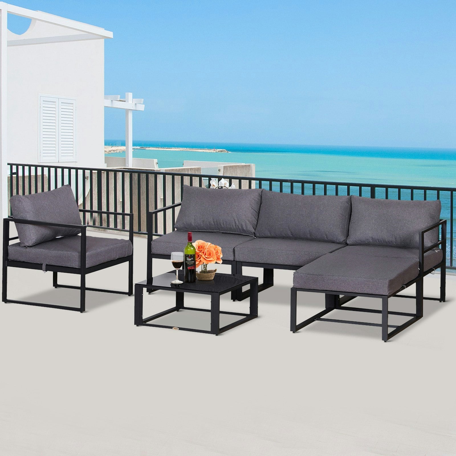 Rackhams Grey 6Pcs Garden Sectional Sofa Set Aluminum Frame Coffee Table Footstool - Aluminum, Tempered Glass - 73Cmx65cmx63cm