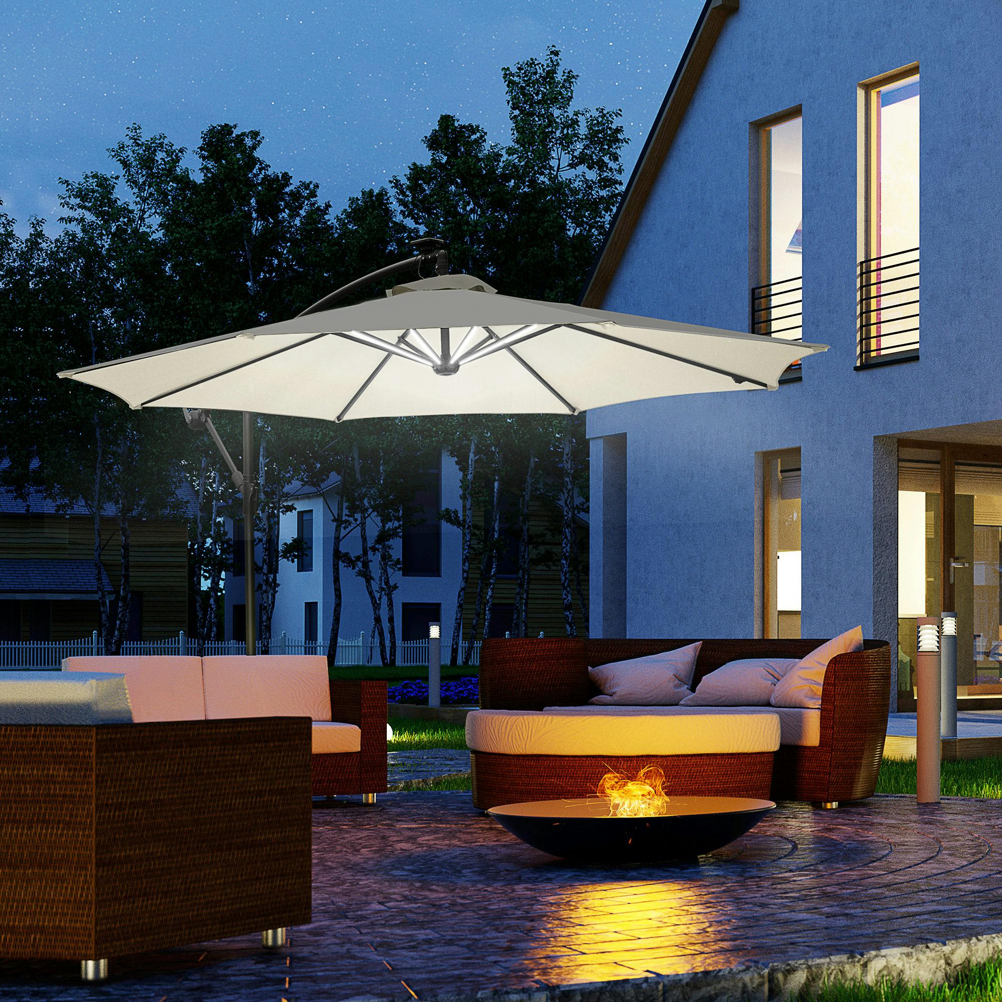 Rackhams Grey 3(M) Led Patio Banana Umbrella Cantilever Parasol W/ Crank,