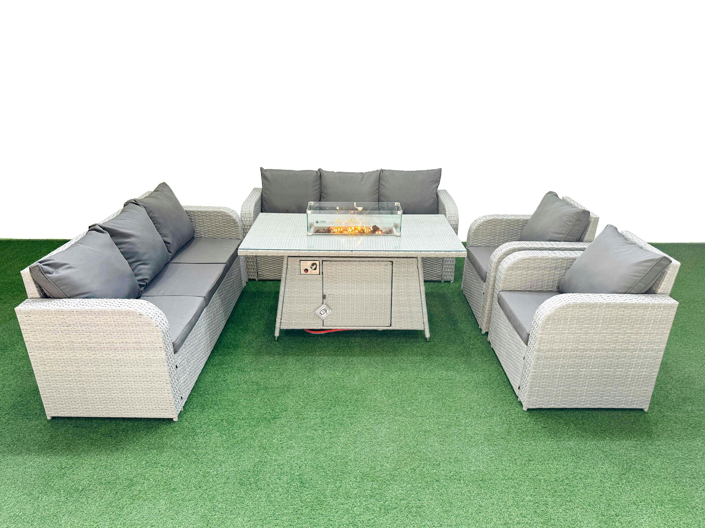 Rackhams Light/Grey Pe Rattan High Back Lounge Sofa Set Patio Fire Pit Dining Table & Chairs Set With 3 Seater Sofa Reclining Chair
