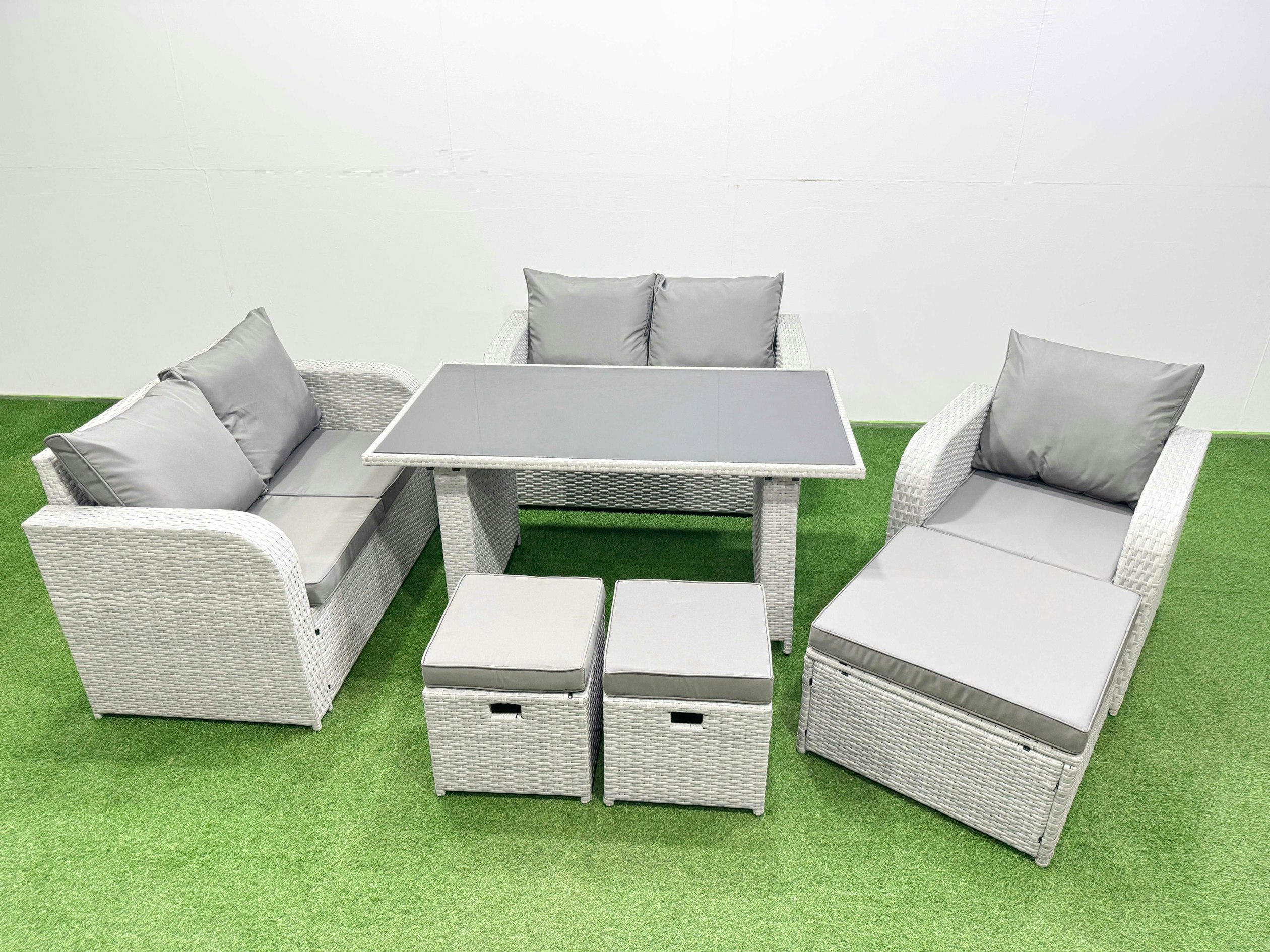 Fimous Light/Grey Rattan Sofa Outdoor Furniture With Dining Table,Love Sofa,3 Stools Patio Furniture 8 Seater