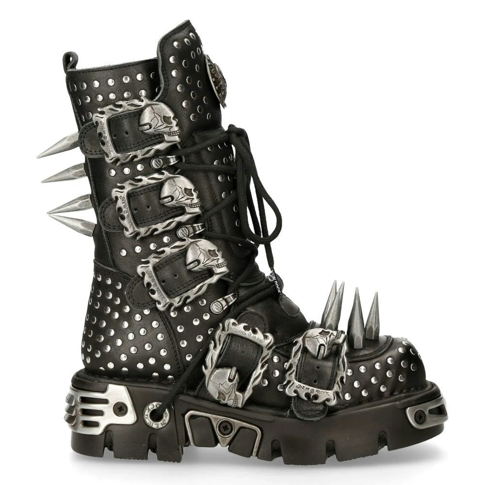 New Rock Unisex Black 1535-S1 Leather Military High Boots Metal Spikes Buckles Punk Emo - Eu 41
