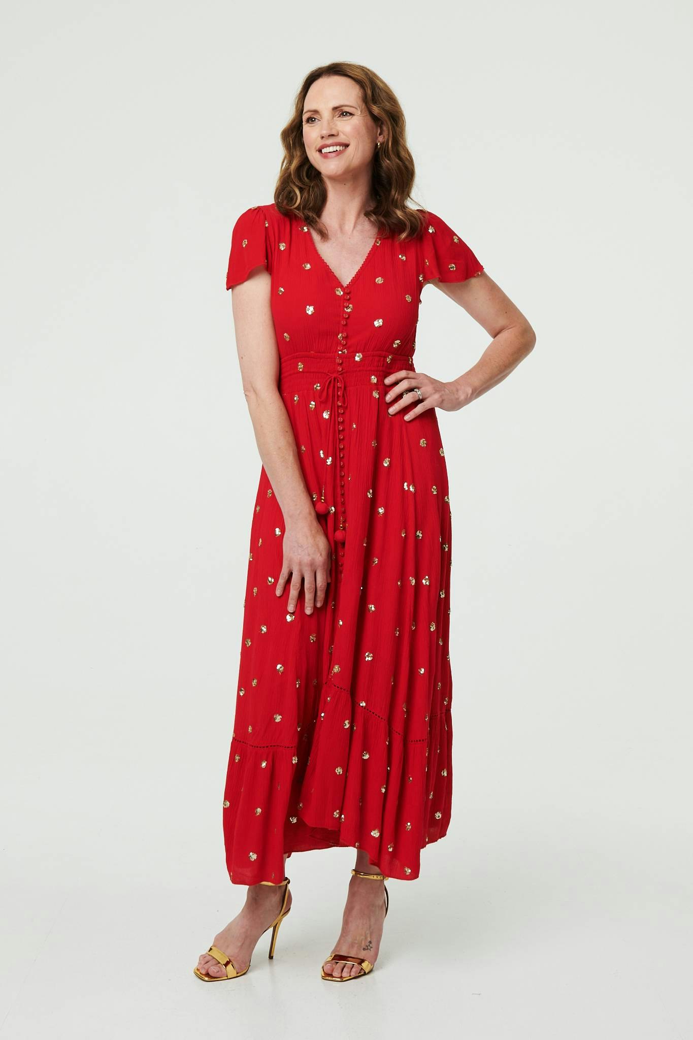 Izabel London Red Sparkly Cap Sleeve Tassel Tie Maxi Dress - 14