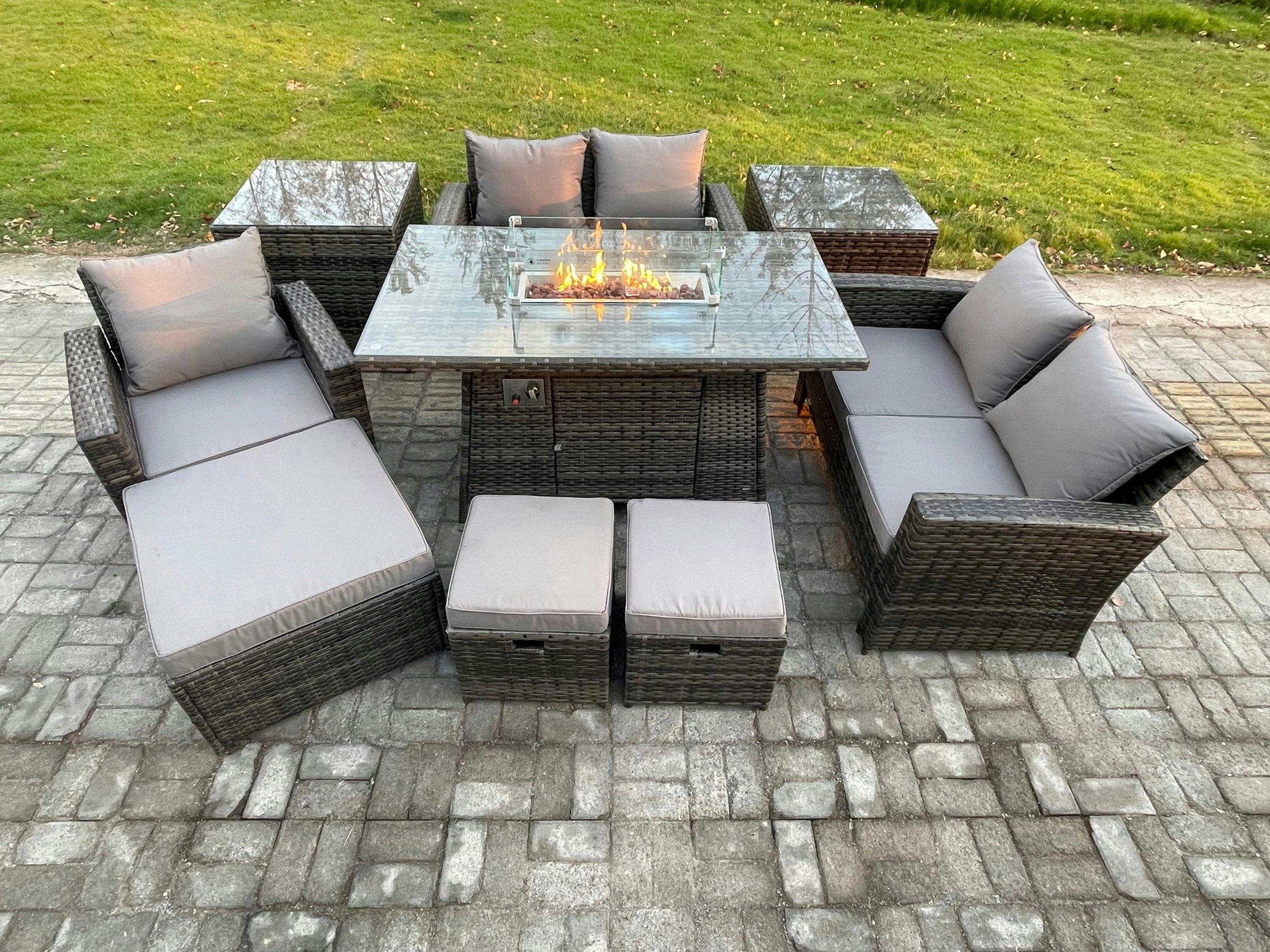 Fimous Dark/Grey 8 Seater Rattan Outdoor Garden Furniture Gas Fire Pit Table Sets Gas Heater With Love Sofa Armchair 3 Footstools 2 Side Tables Mixed