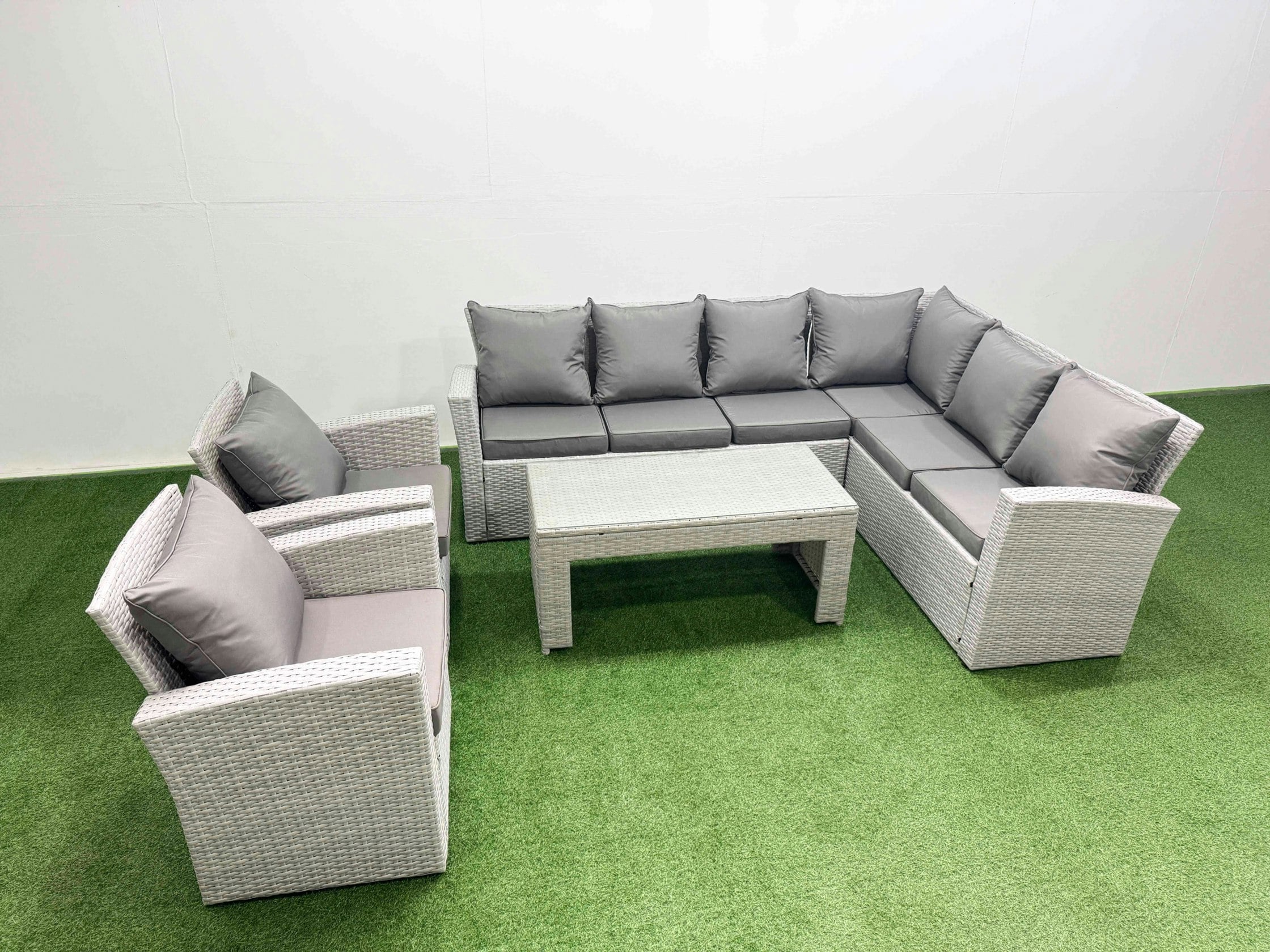 Fimous Light/Grey Rattan Garden Furniture Set 5 Pieces Outdoor Garden Sofa Oblong Coffee Table Set With 2 Chairs Mixed