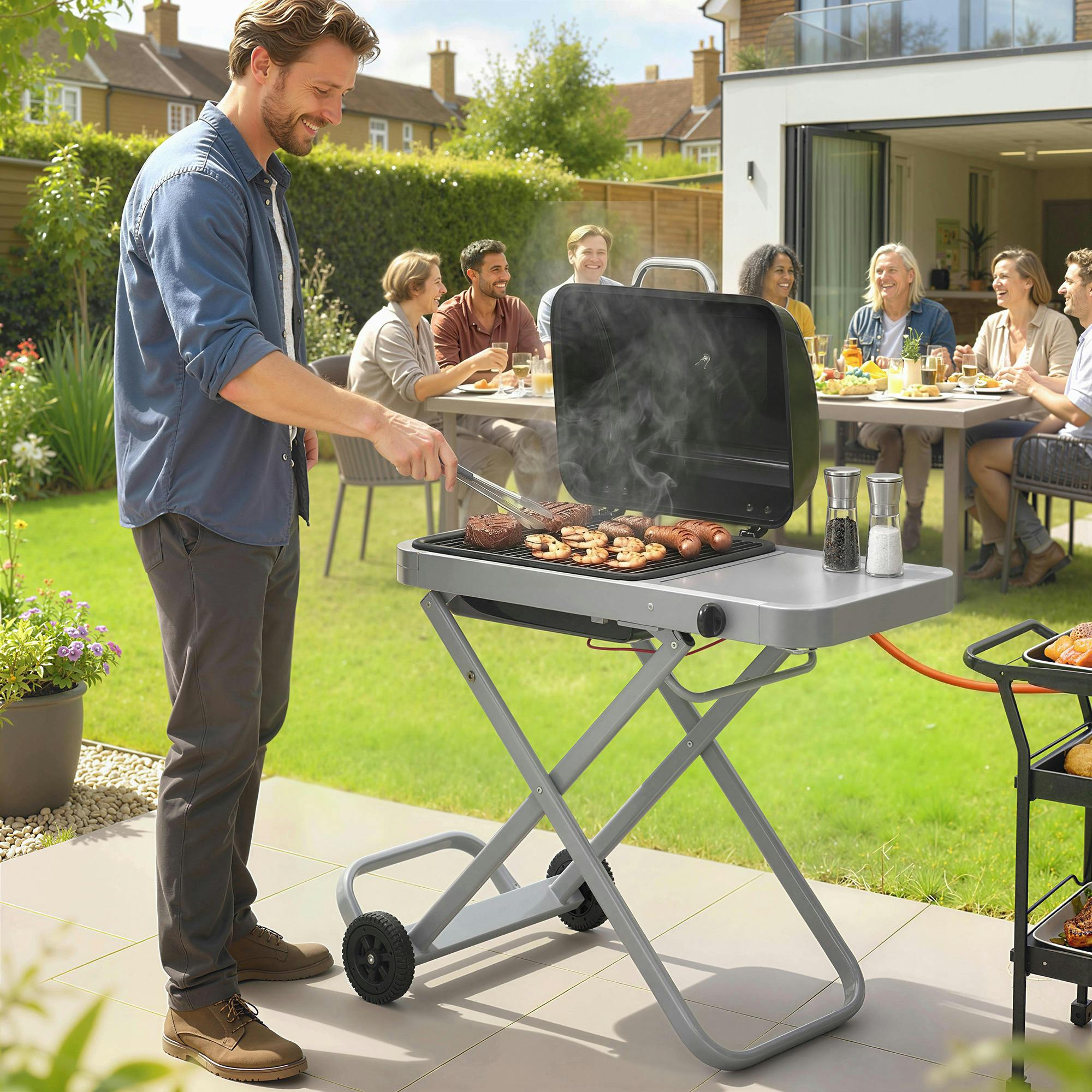 Rackhams Black Foldable Gas Bbq Barbecue Grill With Side Table, 2.5 Kw,