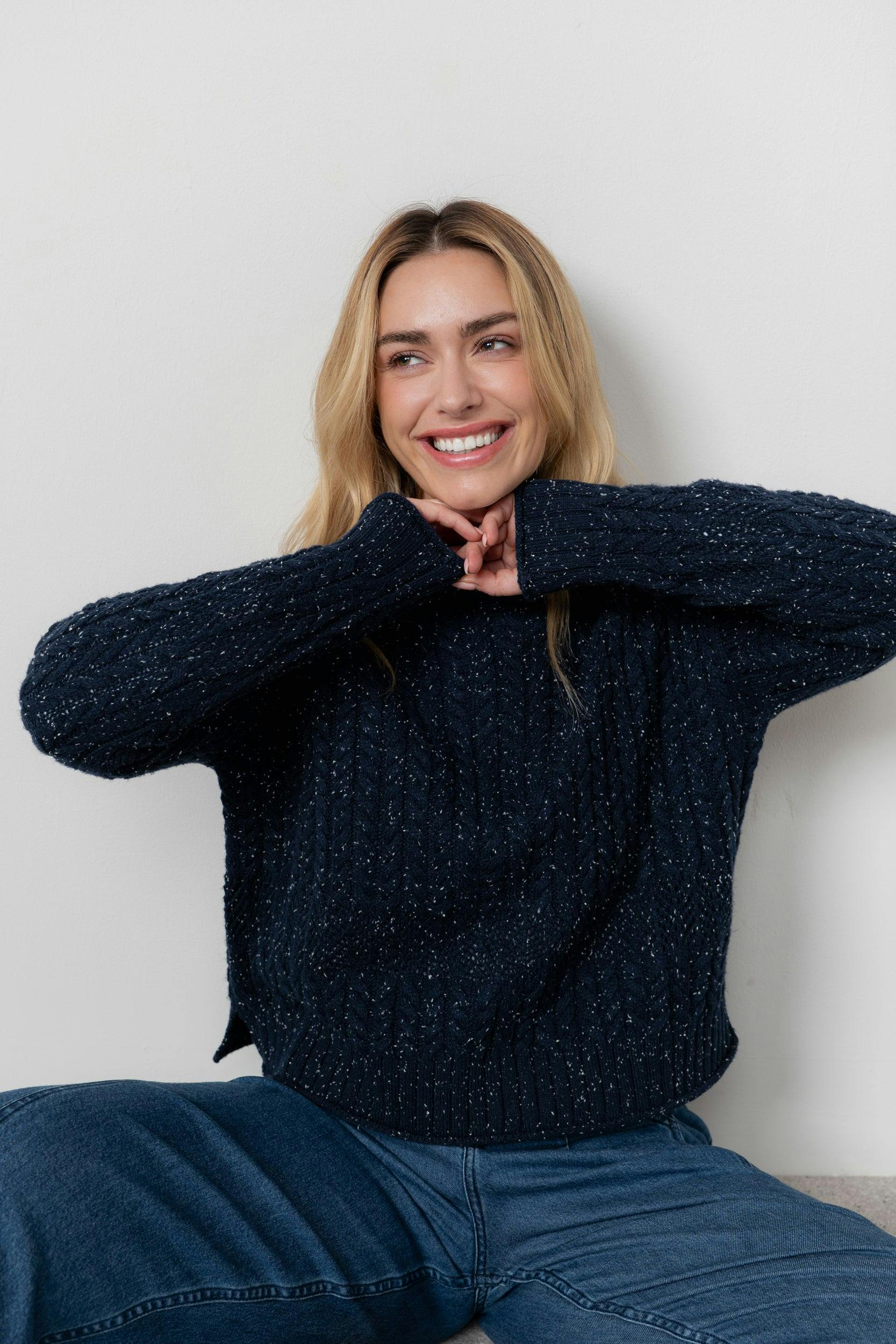 Lily & Me Elspeth Cable Knit High Neck Jumper Navy - 18 - Navy