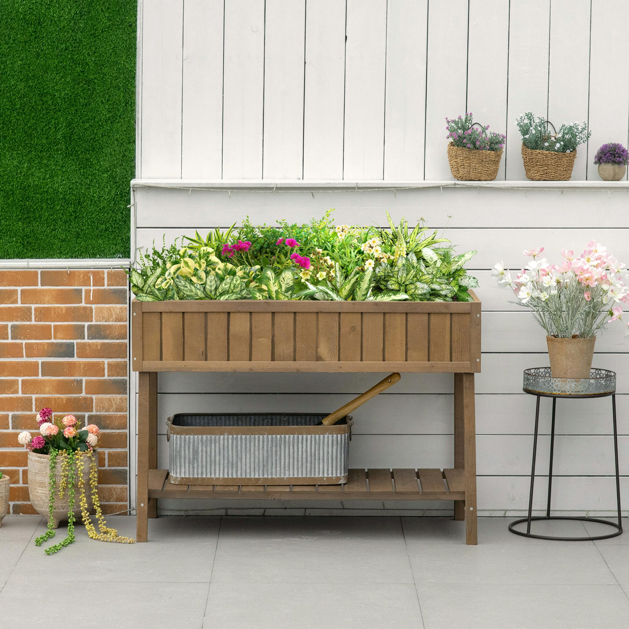 Outsunny Brown Wooden Herb Planter Stand 8 Cubes Bottom Shelf Raised Bed Natural - Image 3