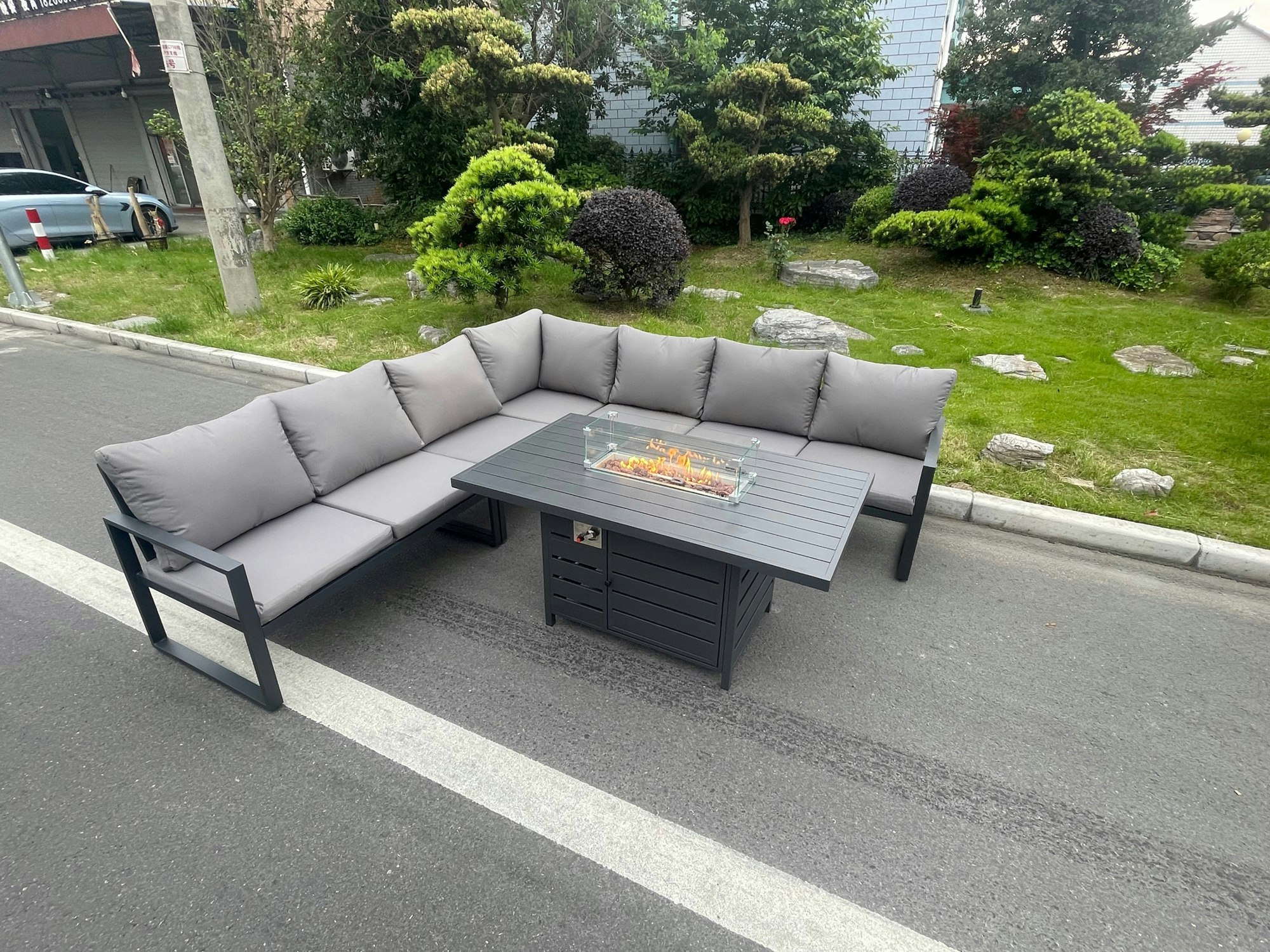 Rackhams Dark/Grey Aluminum Outdoor Garden Furniture Corner Sofa Gas Fire Pit Dining Table Sets Gas Heater Burner 7 Seater