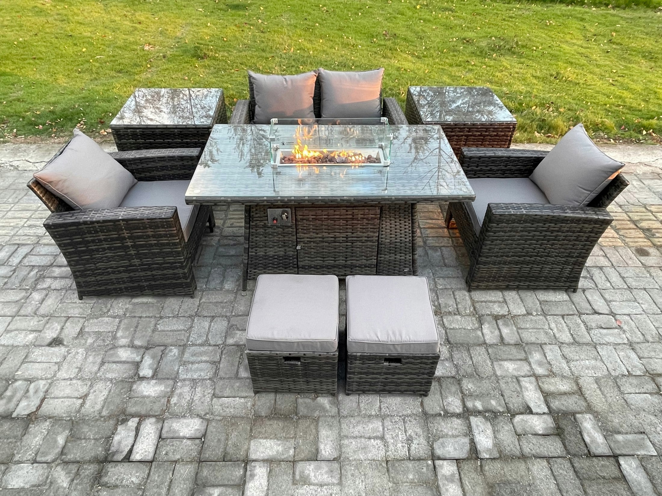 Rackhams Dark/Grey Outdoor Garden Dining Sets 6 Seater Rattan Patio Furniture Sofa Set With Gas Fire Pit Table 2 Small Footstools 2 Side Tables Mixed
