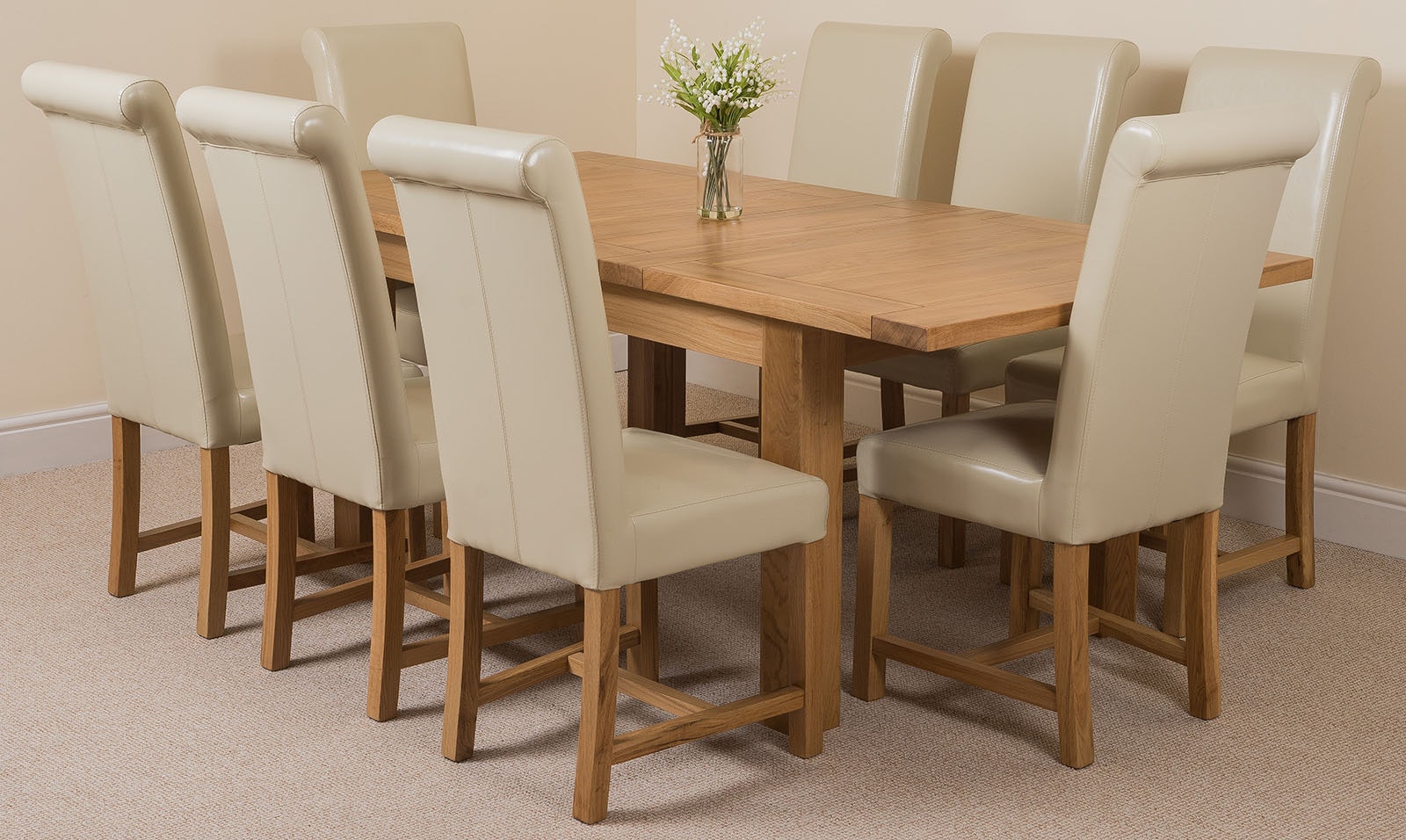 That's Furniture Ivory Seattle Oak Extending Dining Table With Washington Leather Chairs - 8 Chairs