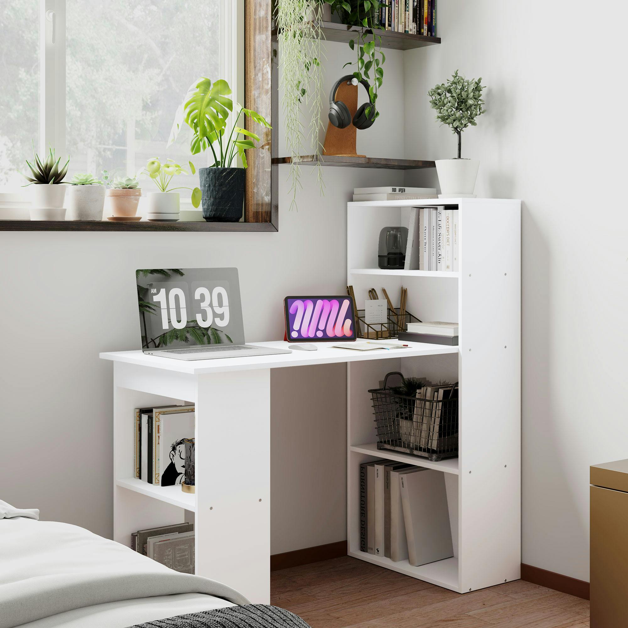 Homcom White 120Cm Modern Computer Desk Bookshelf Writing Table Workstation Pc Laptop Study Home Office 6 Shelves | Aosom Uk - Image 5