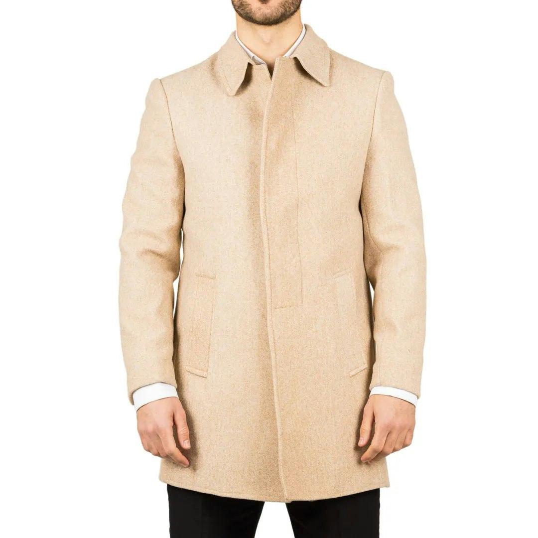 Truclothing Men's Beige Classic Collar Wool Blend Overcoat - 3XL