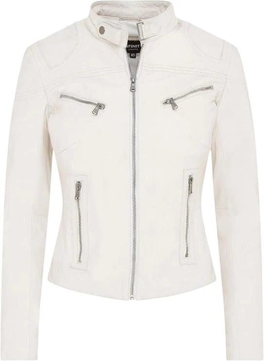 Infinity Leather Women's White Leather Company Real Leather Classic Racer Style Biker Jacket - Uk 22