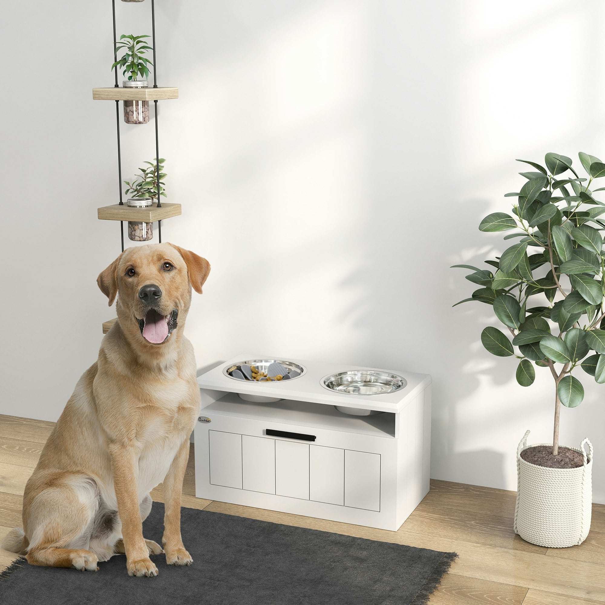 Pawhut White Raised Dog Bowl, Elevated Dog Bowls With Slow Feeder Mat,