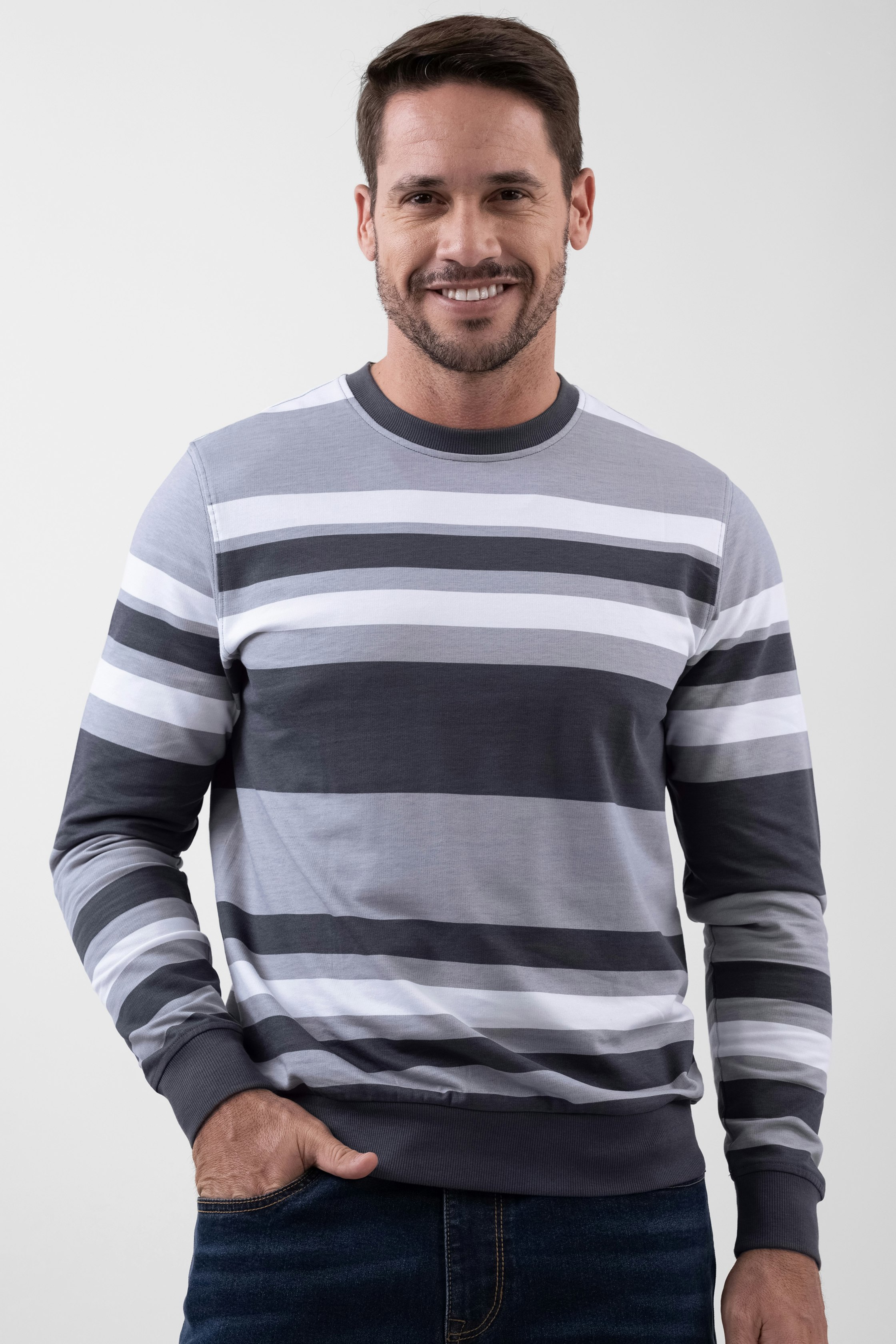 Enorsia Men's Grey Classic Print Stripe Sweatshirt - L - 100% Cotton Terry
